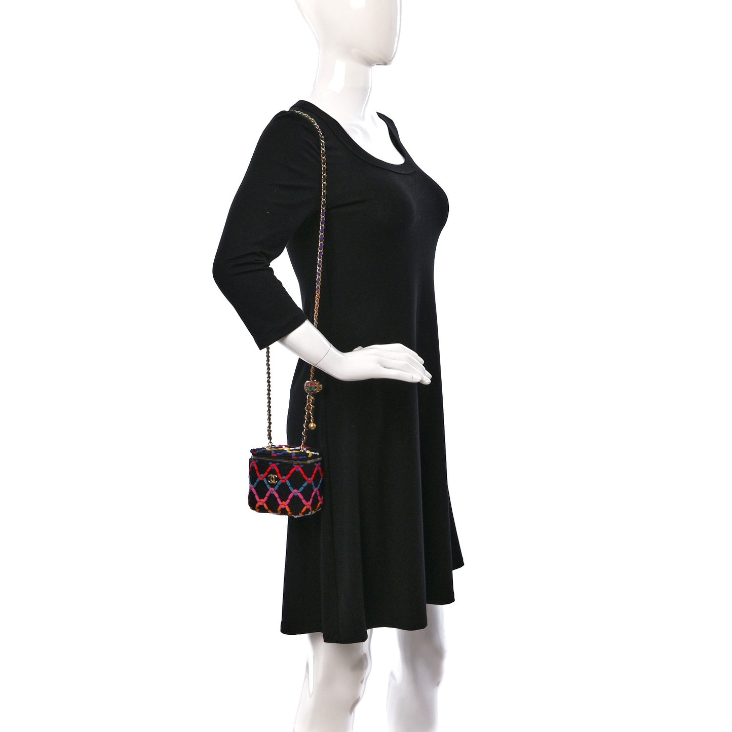 Tweed Diamond Threaded CC Pearl Crush Mini Vanity Case With Chain Black Multicolor