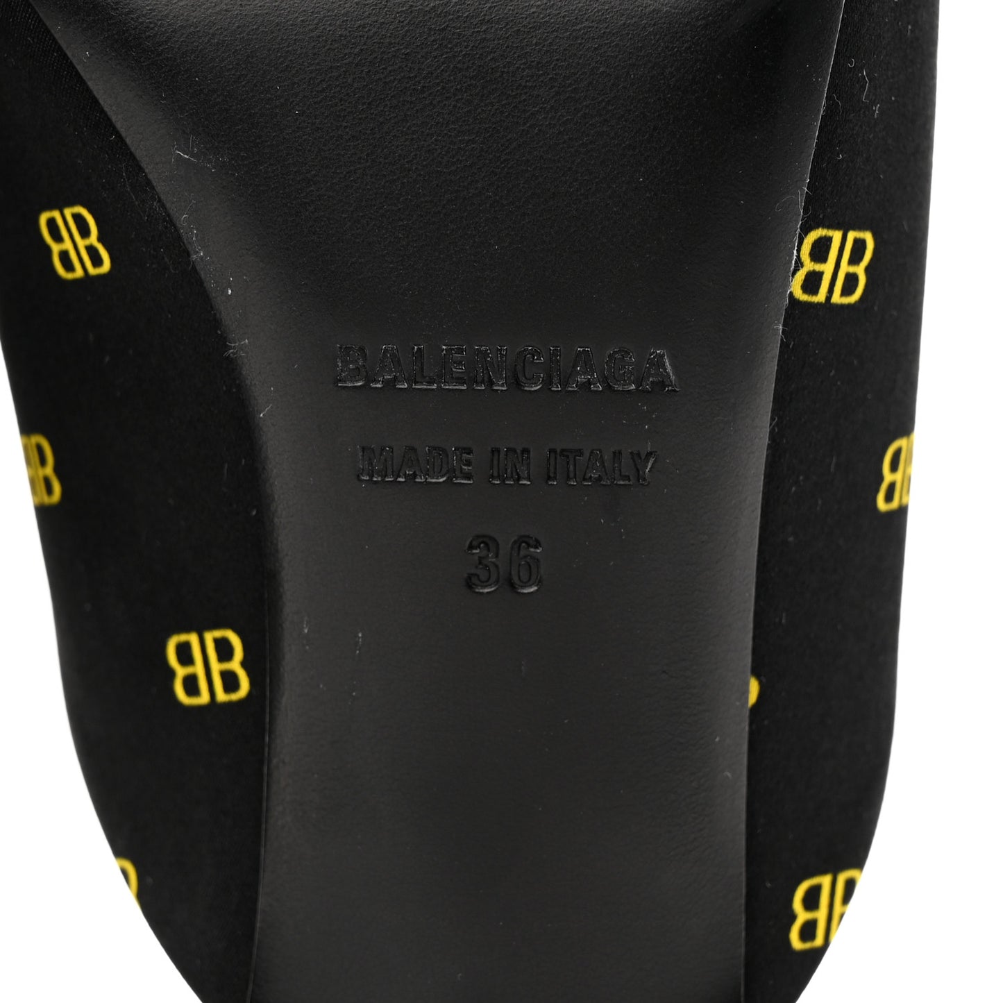 Crepe Satin BB Printed Pointy Toe Knife Flat 40mm Mules 36 Black Yellow Fluo