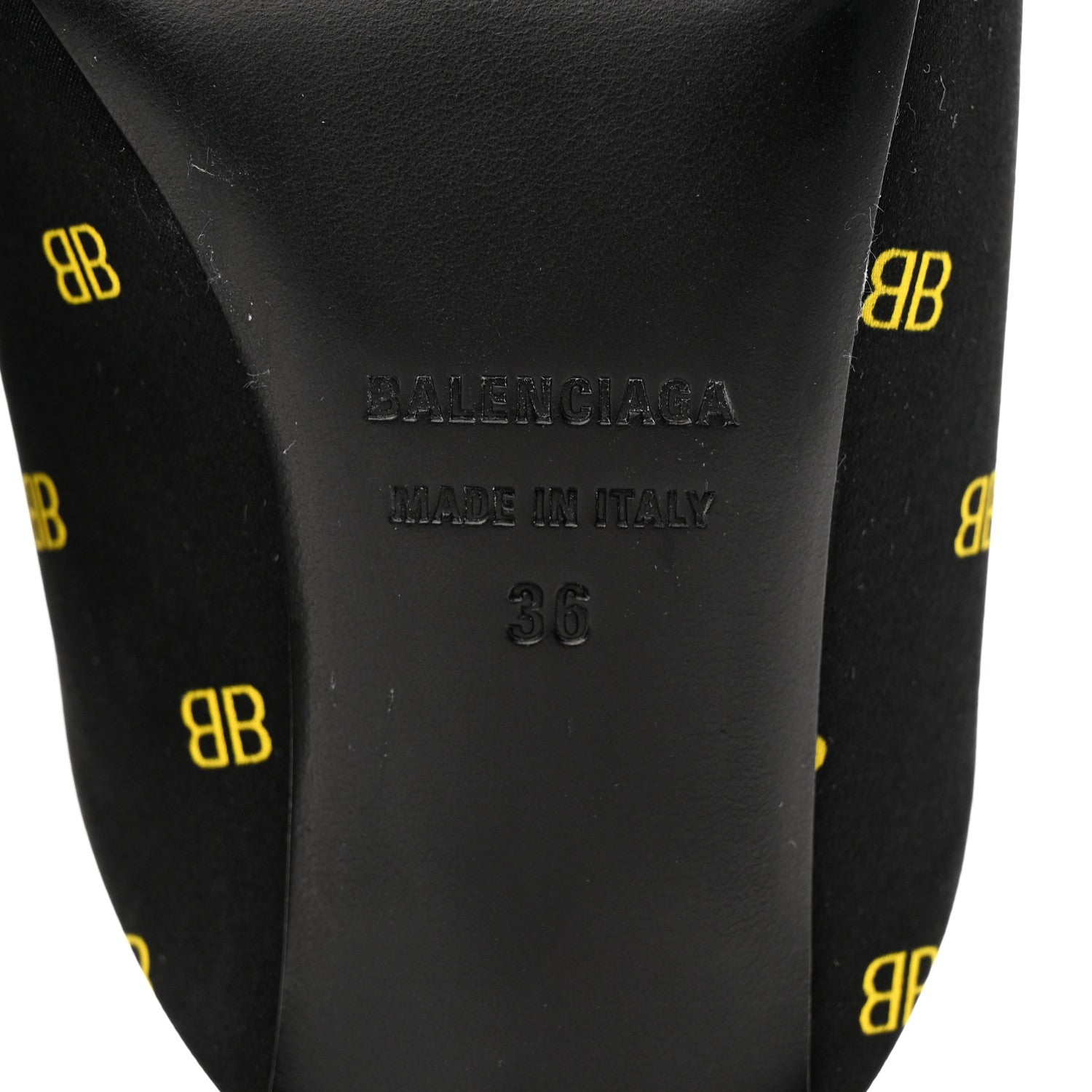 Balenciaga Crepe Satin BB Printed Pointy Toe Knife Flat 40mm Mules 36 Black Yellow Fluo 6 of 17