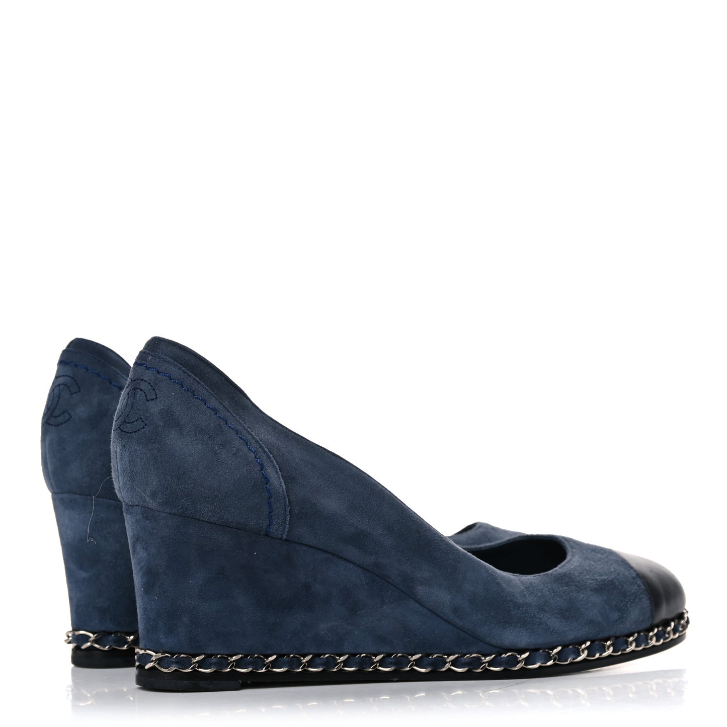 Suede Lambskin Cap Toe Chain Wedge Pumps 39 Blue