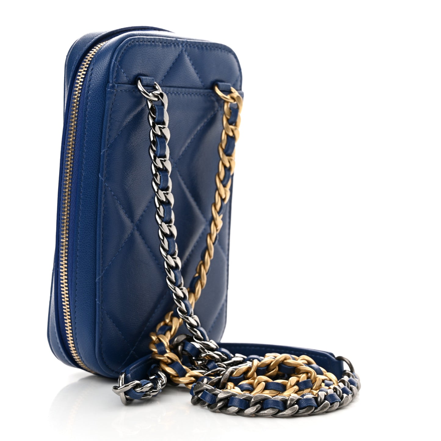 Lambskin Quilted Chanel 19 Zip Phone Case Blue