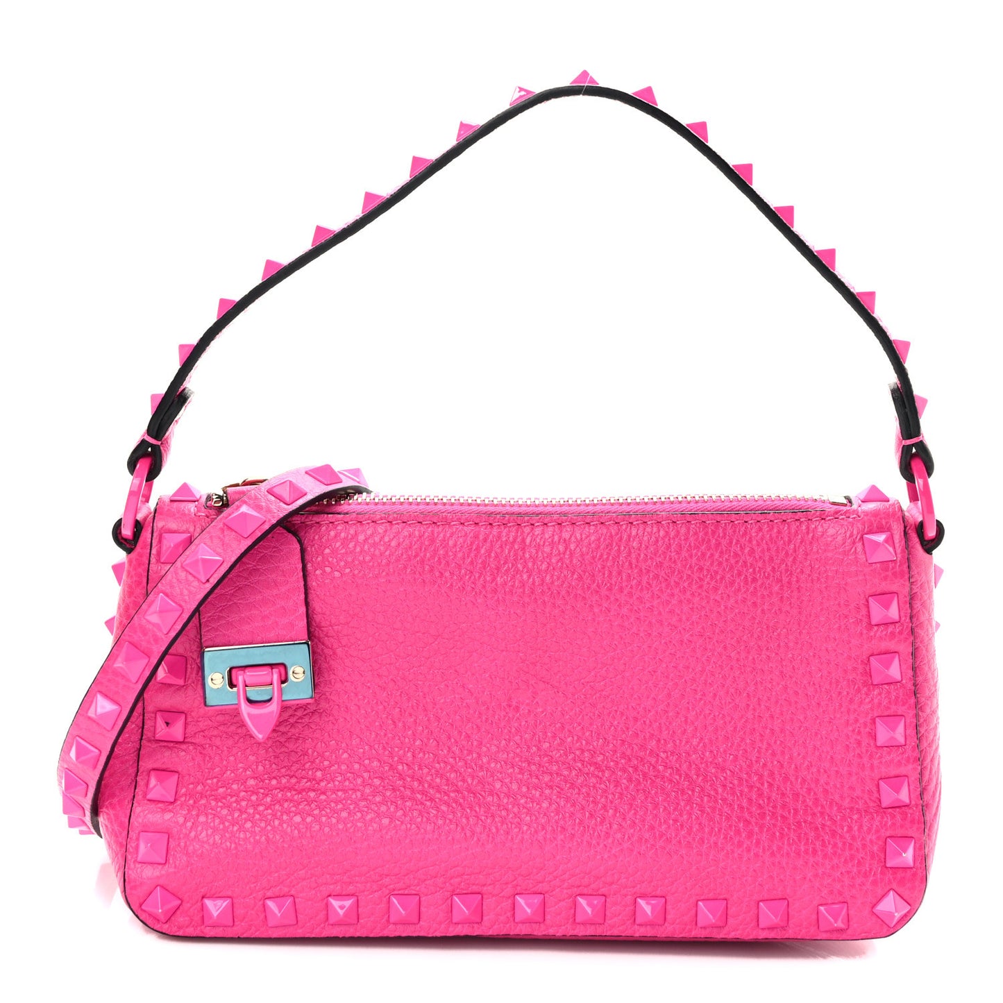 Pebbled Calfskin Enamel Monochrome Small Rockstud Flip Lock Shoulder Bag Pink PP