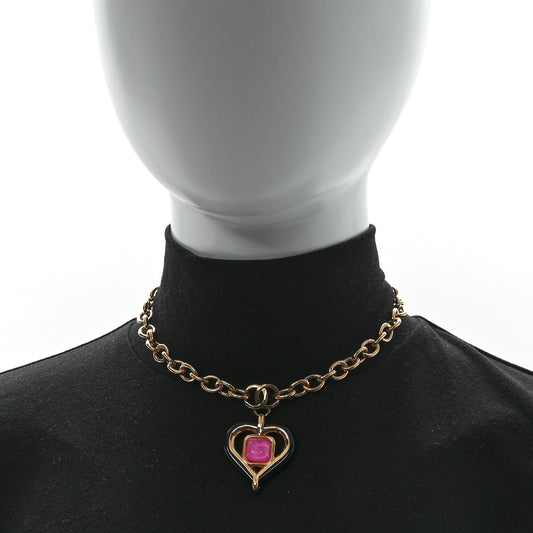 Resin Crystal Heart CC Pendant Necklace Gold Pink Black