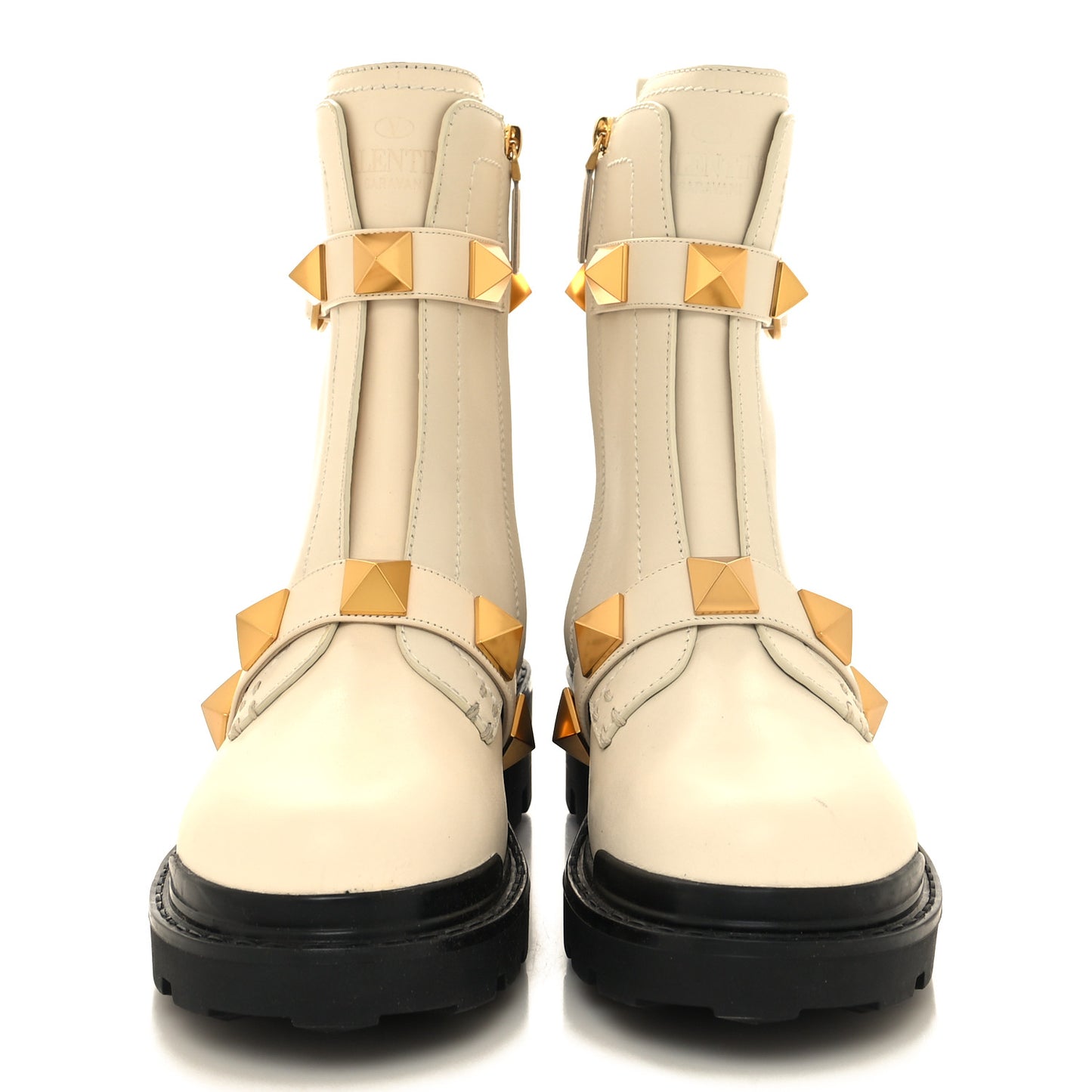 Calfskin Roman Stud Combat Boots 38 Light Ivory