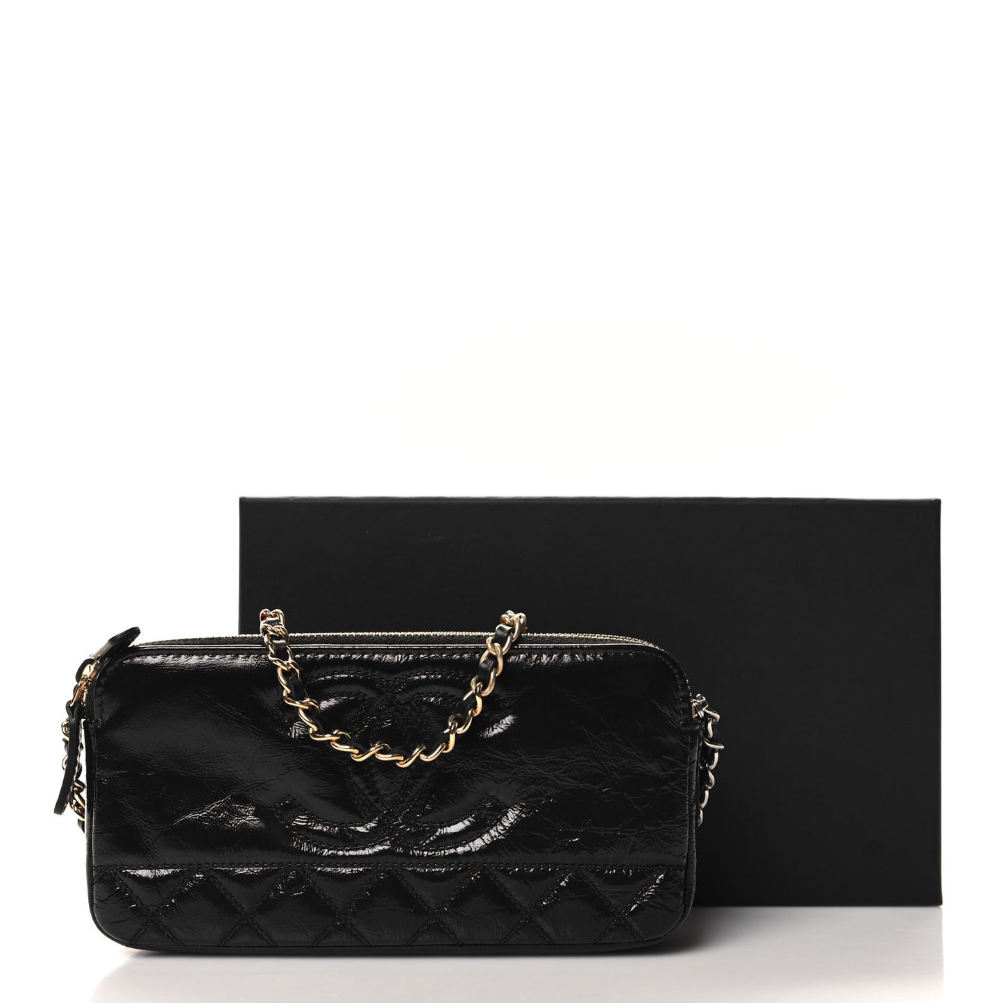 Glazed Aged Calfskin Quilted CC Small Clutch With Chain Black