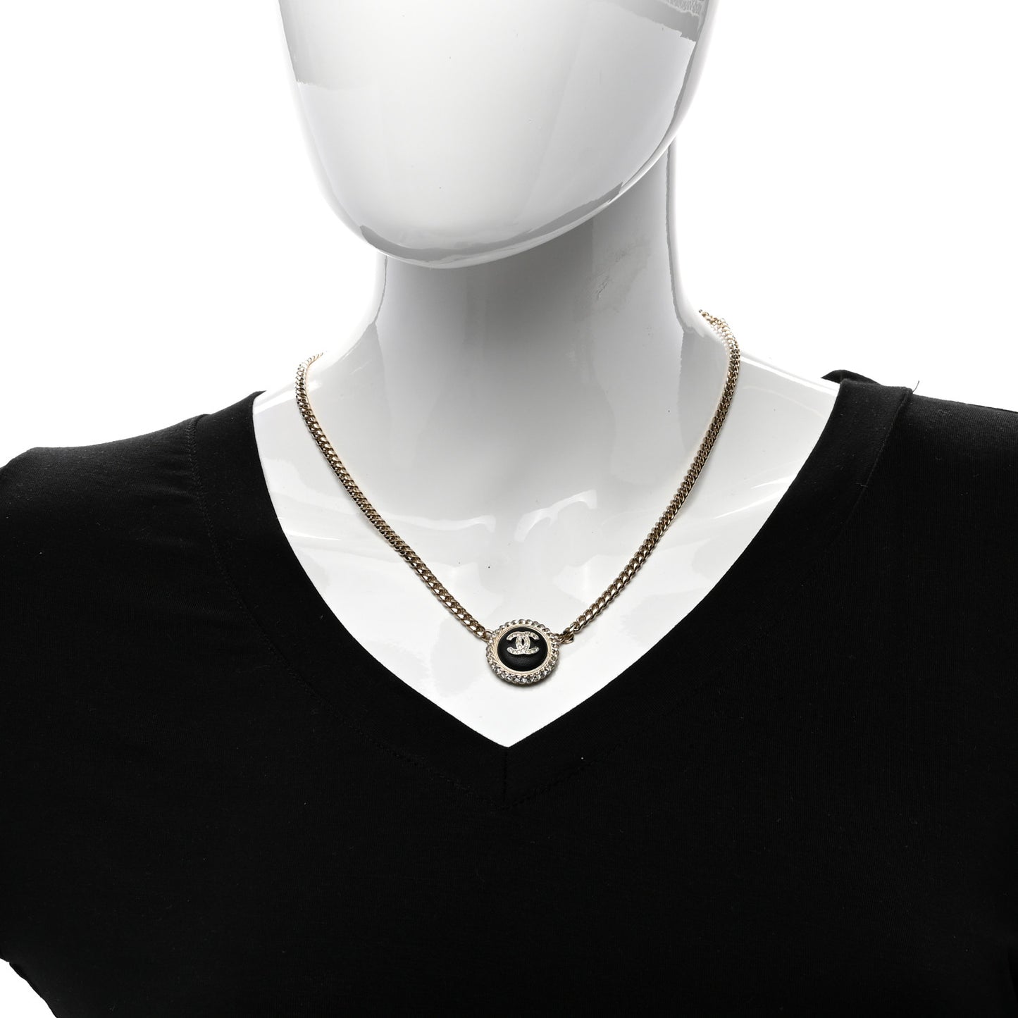 Metal Lambskin Crystal CC Pendant Necklace Black Gold