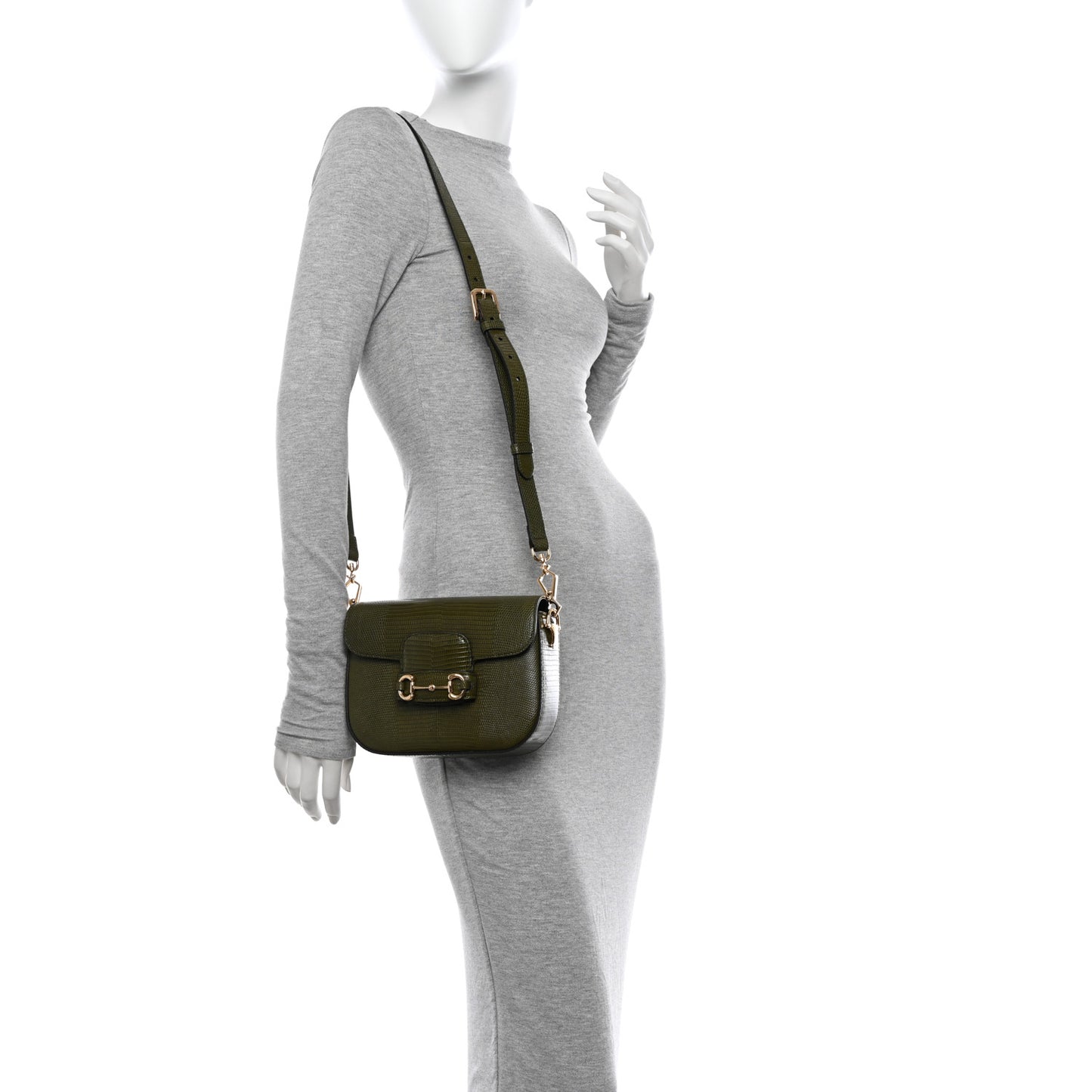 Lizard Web Mini Horsebit 1955 Shoulder Bag Green