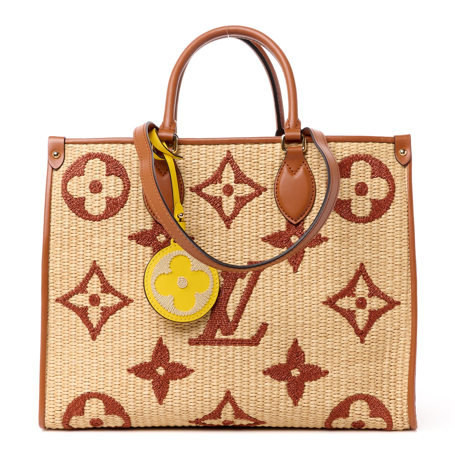 Raffia Calfskin Monogram Giant Onthego MM Tan