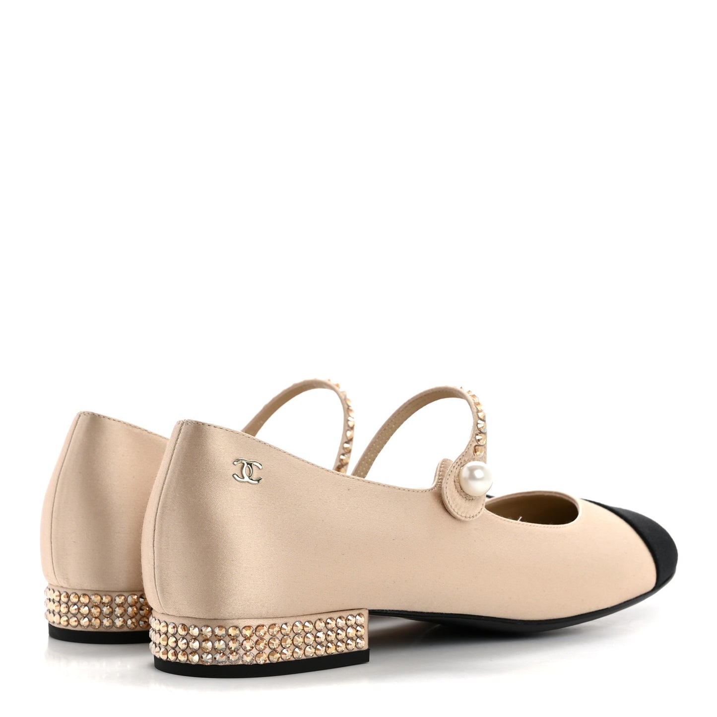 Strass Satin Grosgrain Mary Jane Flats 38.5 Beige Black