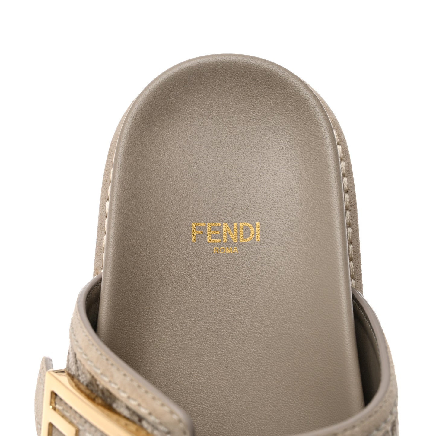 Chenille Fabric Jacquard Suede FF Womens Fendi Feel Buckled Slide Sandals 37.5 Tortora Nuvola Rock