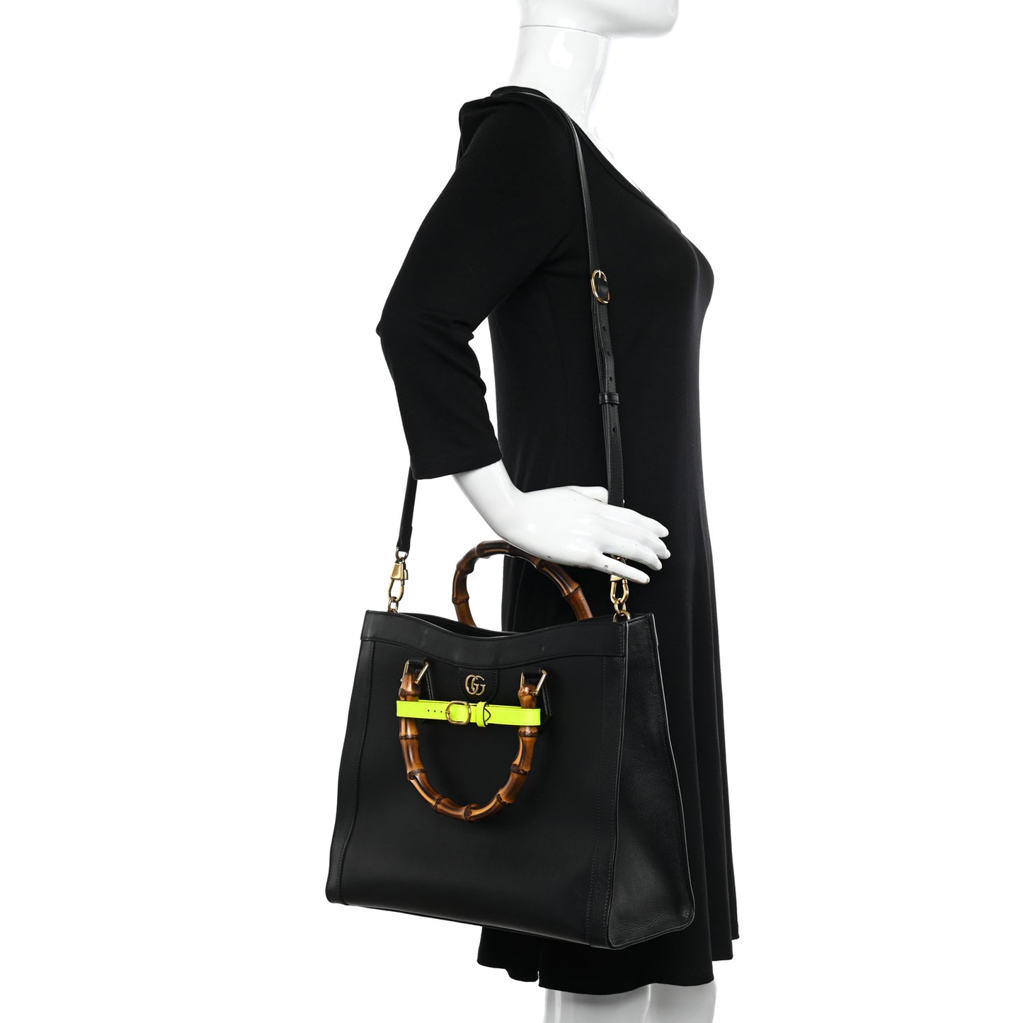 Calfskin Medium Diana Tote Bag Black Yellow Fluo