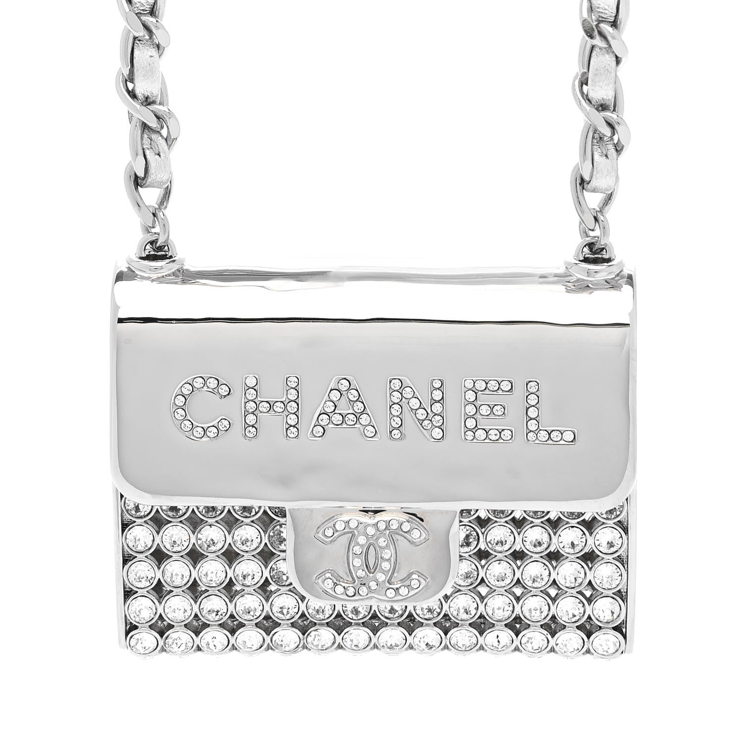Chanel Metal Lambskin Strass Crystal Purse CC Long Necklace Silver 4 of 6