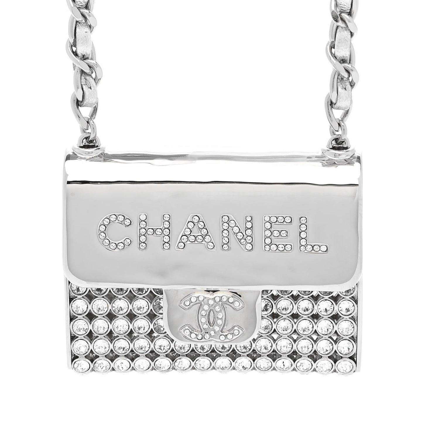 Metal Lambskin Strass Crystal Purse CC Long Necklace Silver