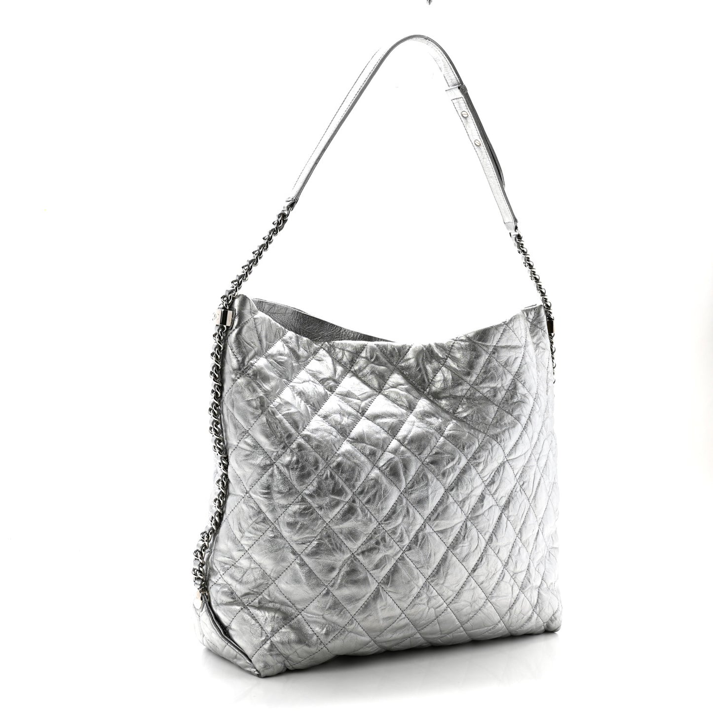 Metallic Crackled Calfskin Quilted Large Big Bang Hobo Silver
