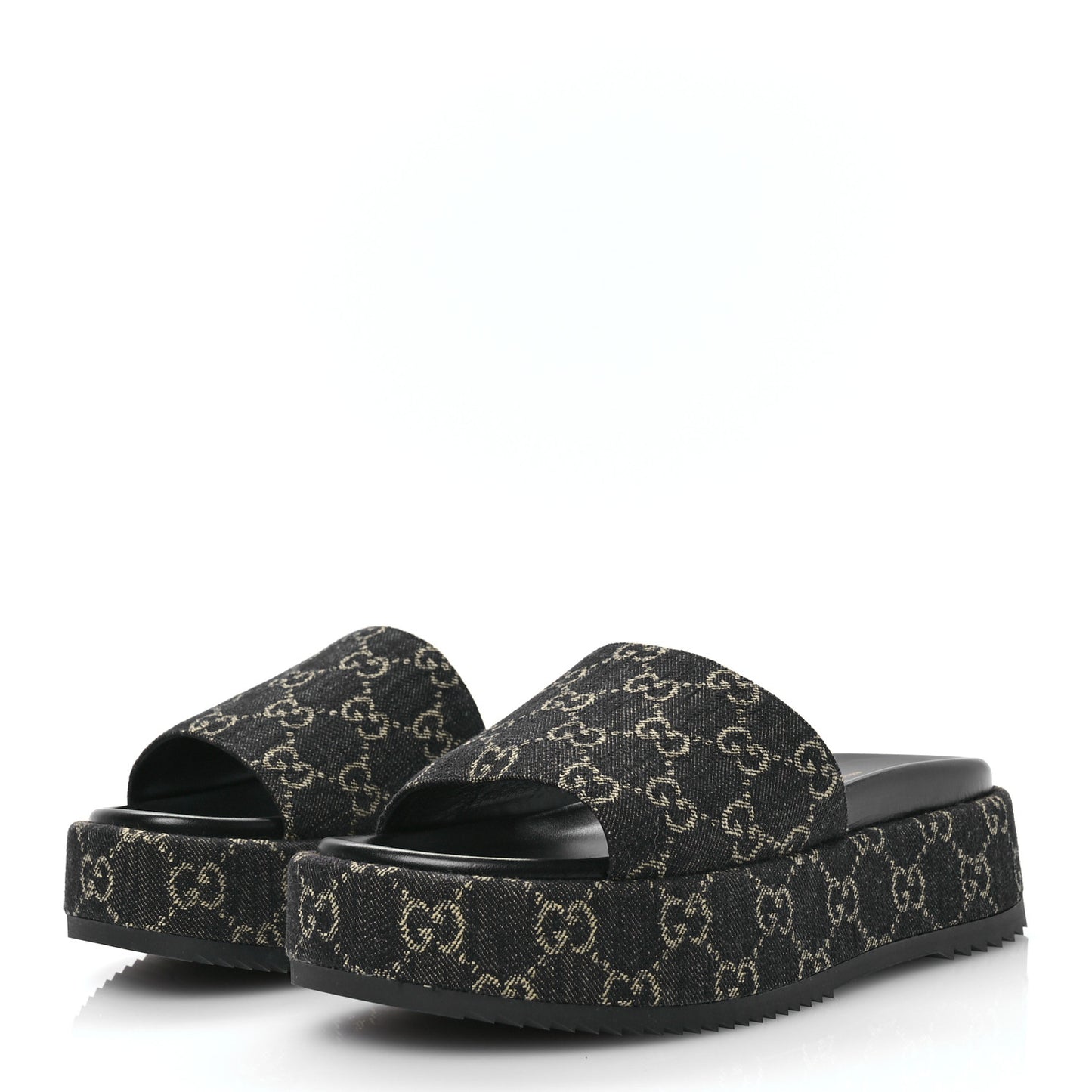 Jacquard Black Denim GG Monogram Angelina Platform 55mm Slide Sandals 40 Black Ivory