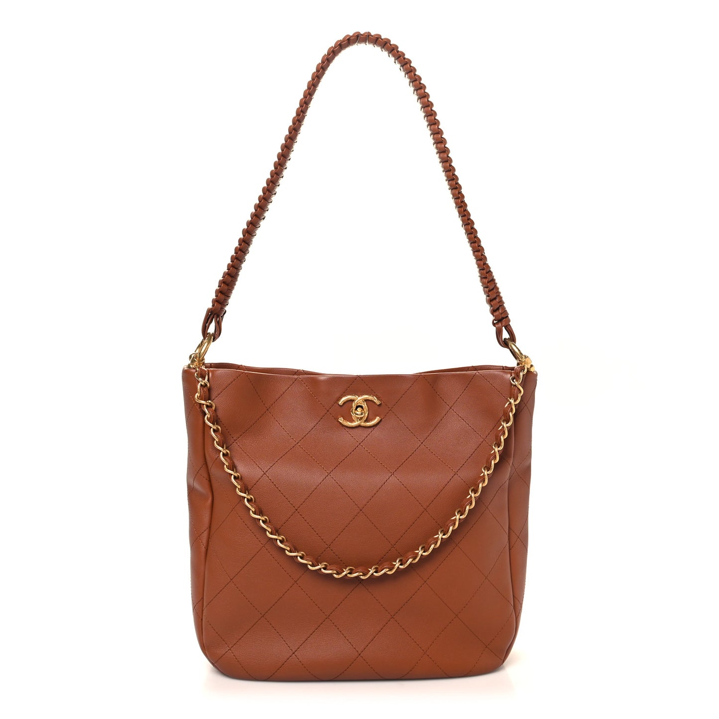 Calfskin Quilted Braided Handle Chain Hobo Brown