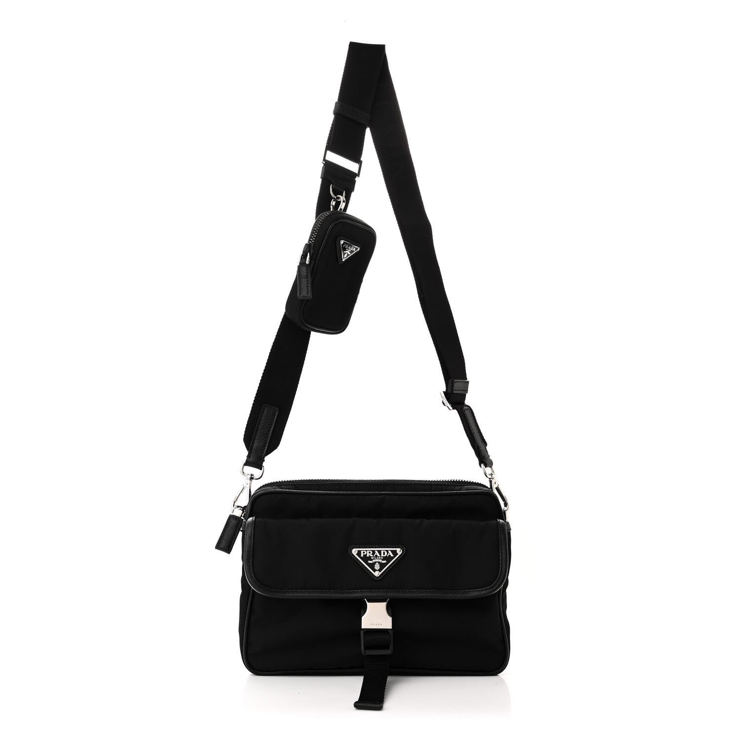 Re-Nylon Saffiano Pocket Single Snap Buckle Shoulder Bag Black