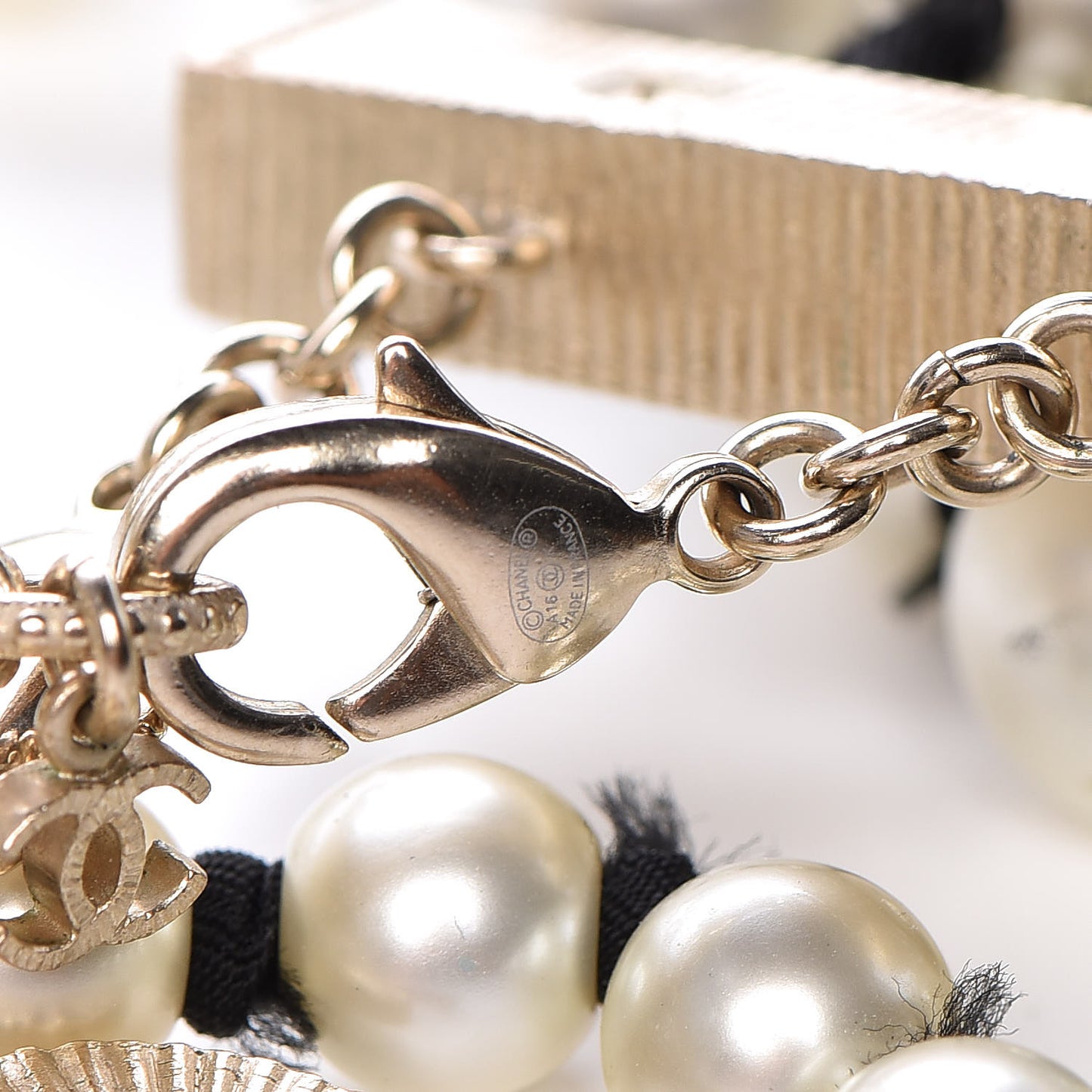 Pearl Grosgrain CC Long Multistrand Necklace Gold