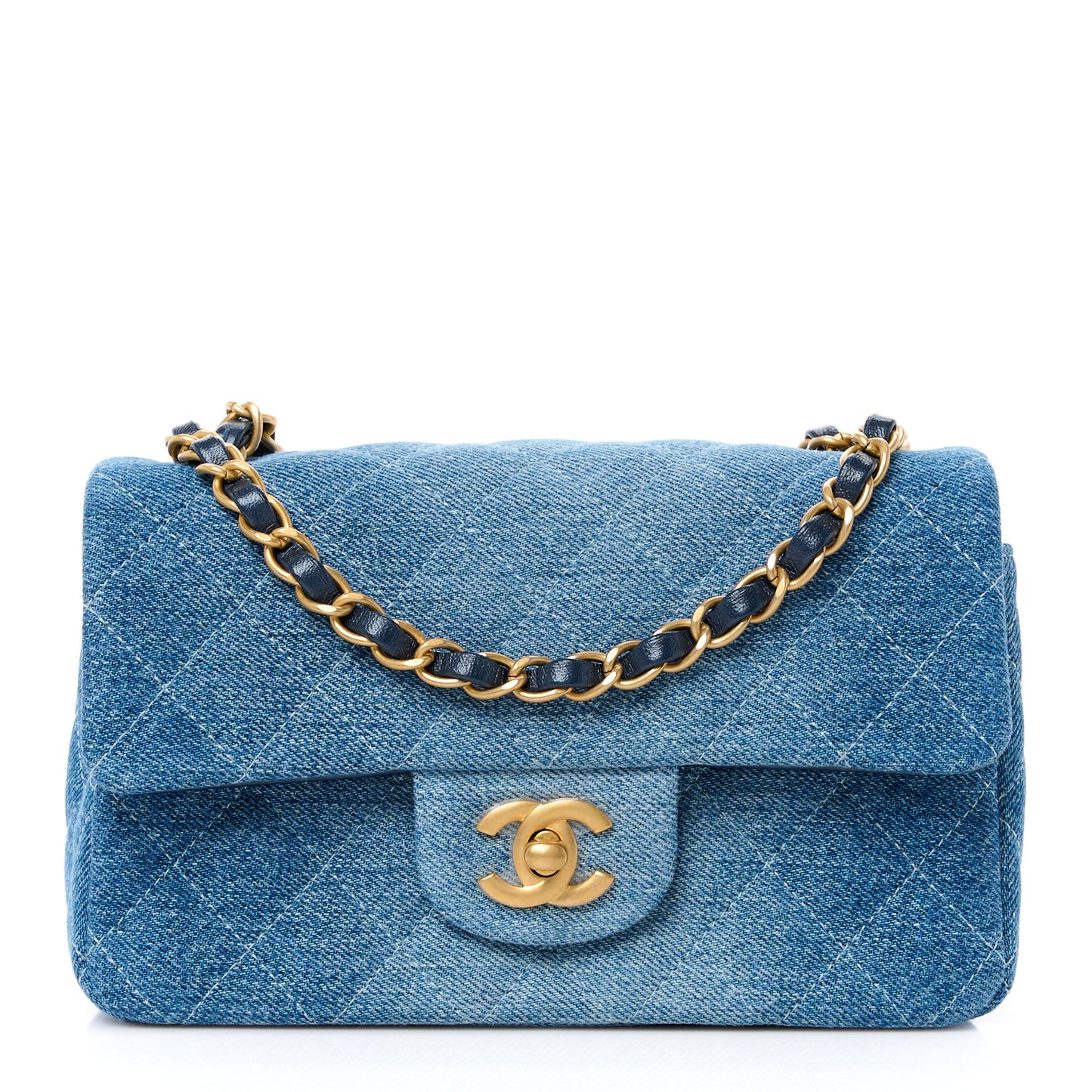 Washed Denim Quilted Mini Rectangular Flap Blue