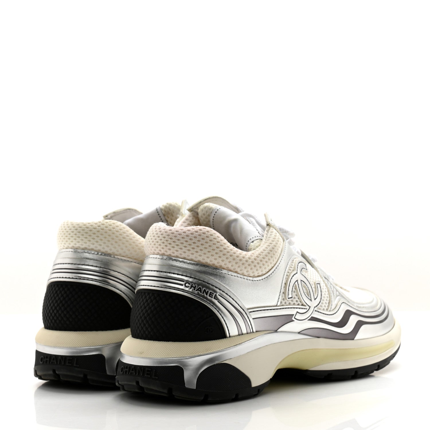 Chanel Fabric Laminated Calfskin Stretch CC Sneakers 40 White Silver 4 of 17