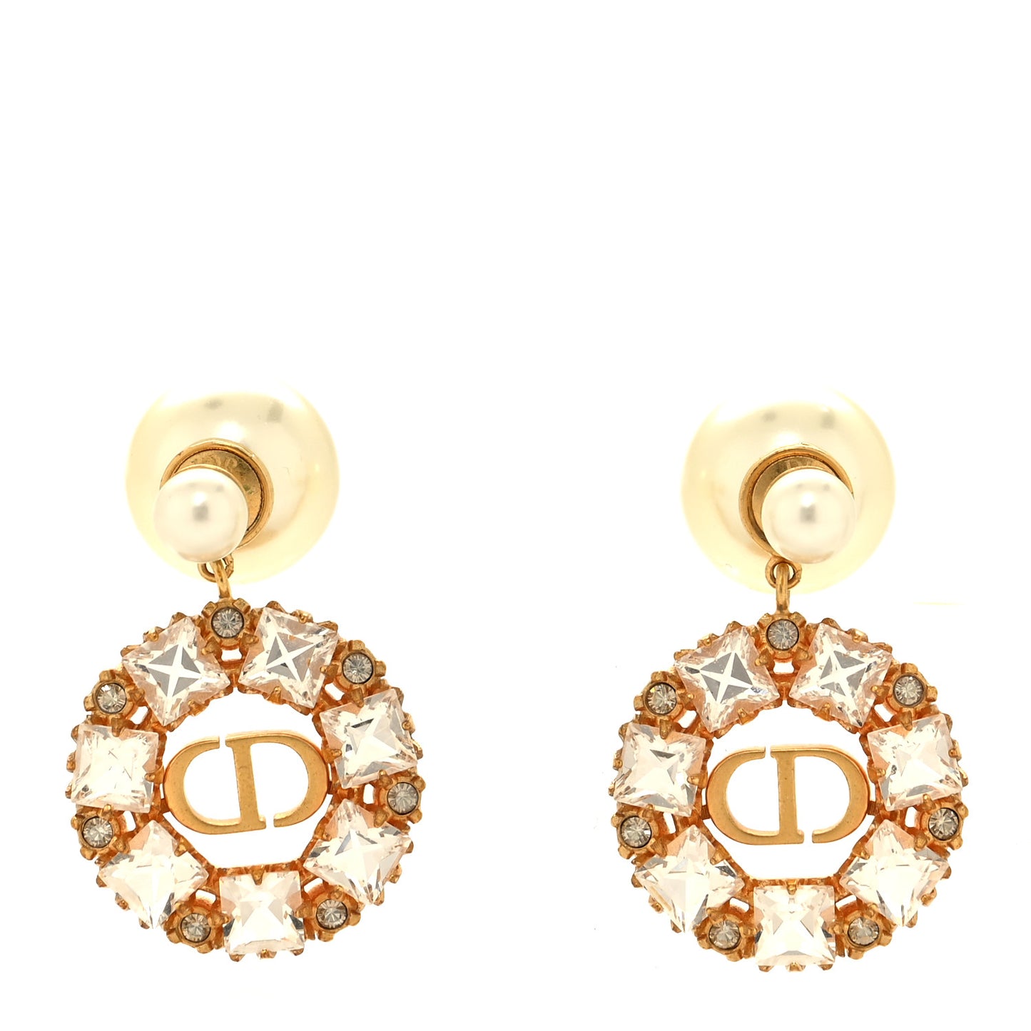 Crystal Pearl Petit CD Earrings Gold