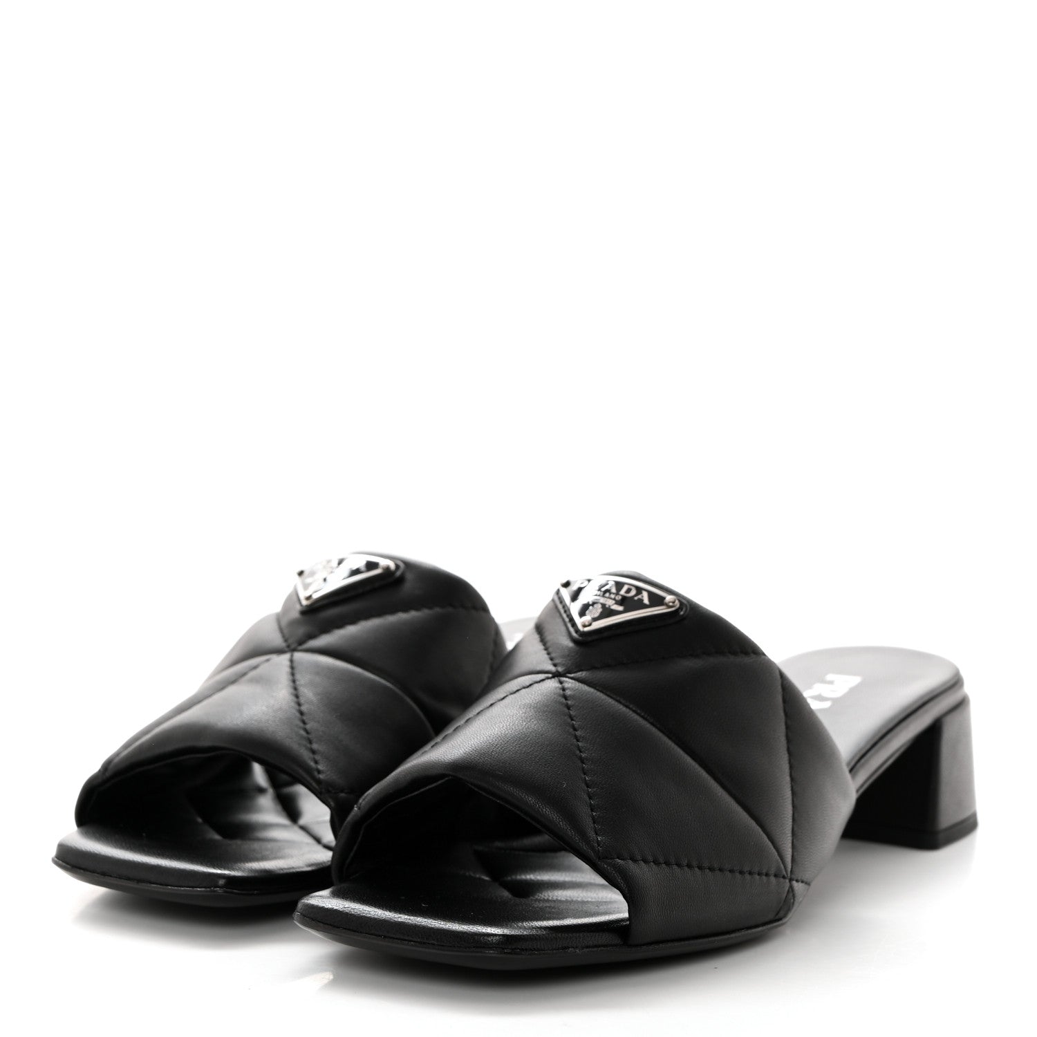 Prada Nappa Metal Triangle Logo Quilted Block Heel Slide Sandals 36 Black 3 of 7