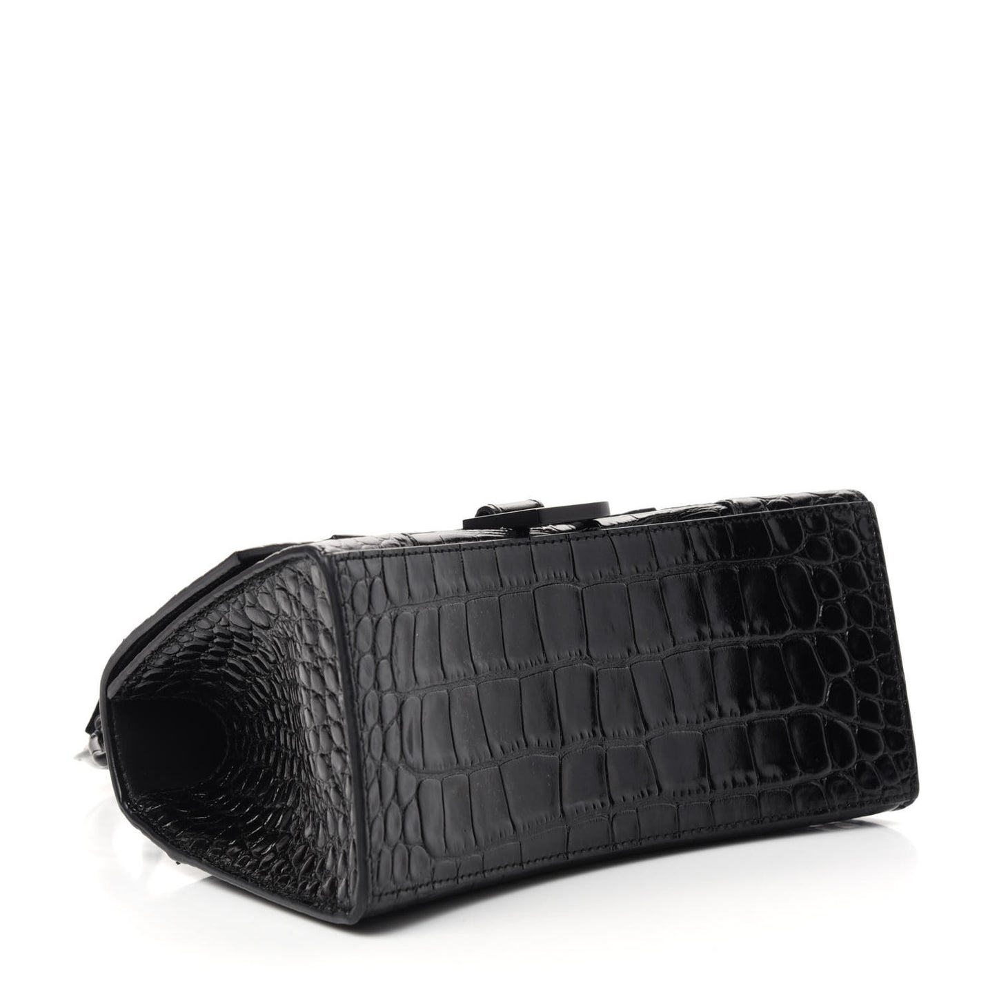 Shiny Calfskin Monochrome Crocodile Embossed Small Hourglass Top Handle Bag Black