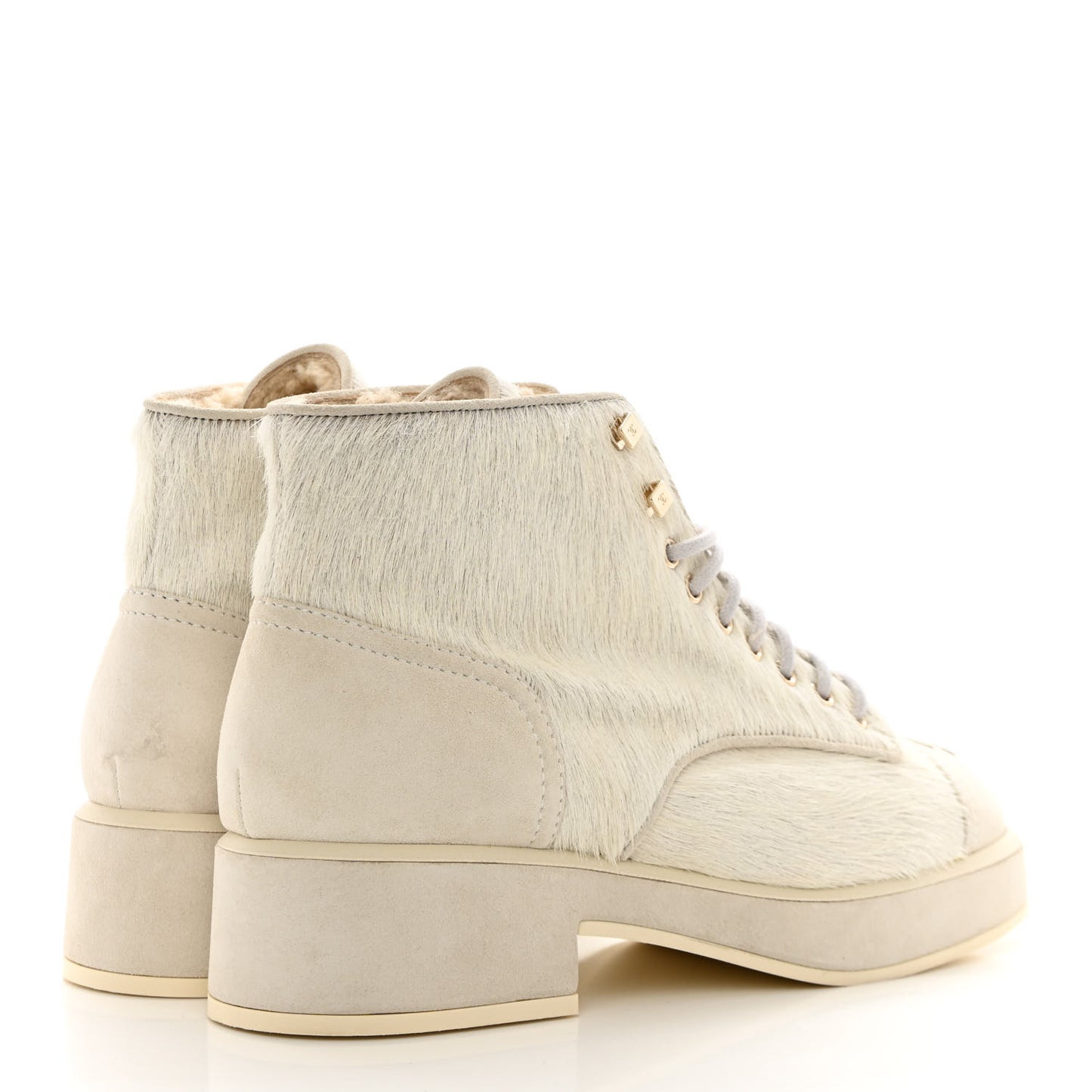 Suede Pony Hair Shearling Lace Up Combat Boots 40 White