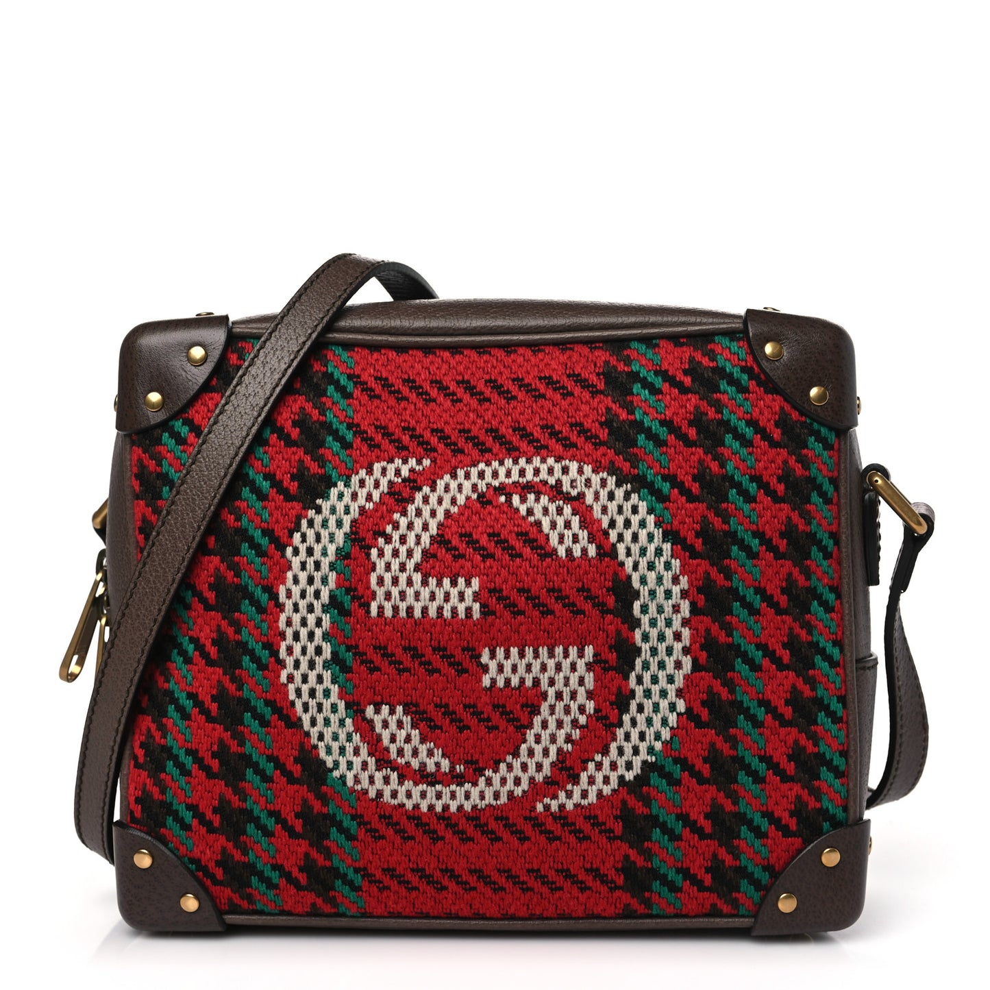 Cotton Wool Textured Calfskin Houndstooth Woven Square Messenger Bag Red Green Ivory Multicolor New Acero