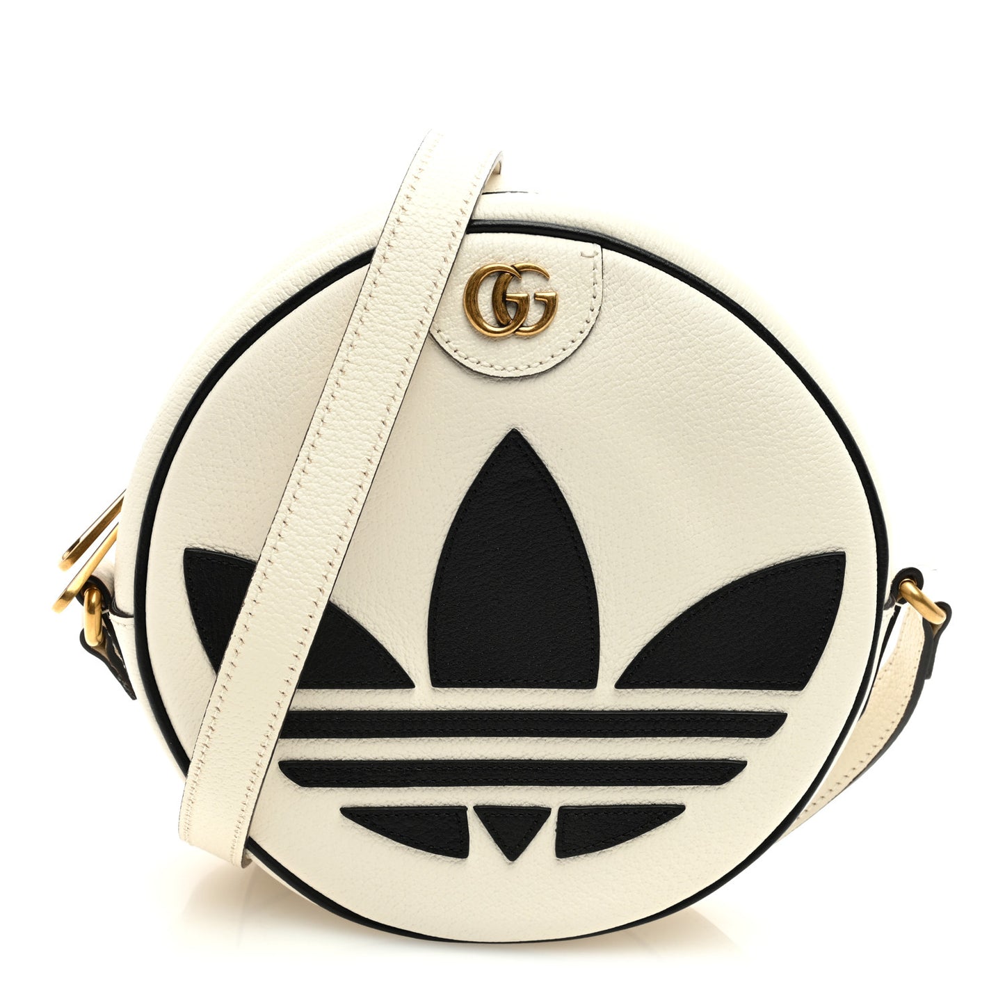 X ADIDAS Textured Dollar Calfskin Web Trefoil Logo Small Ophidia Round Shoulder Bag Off White Black