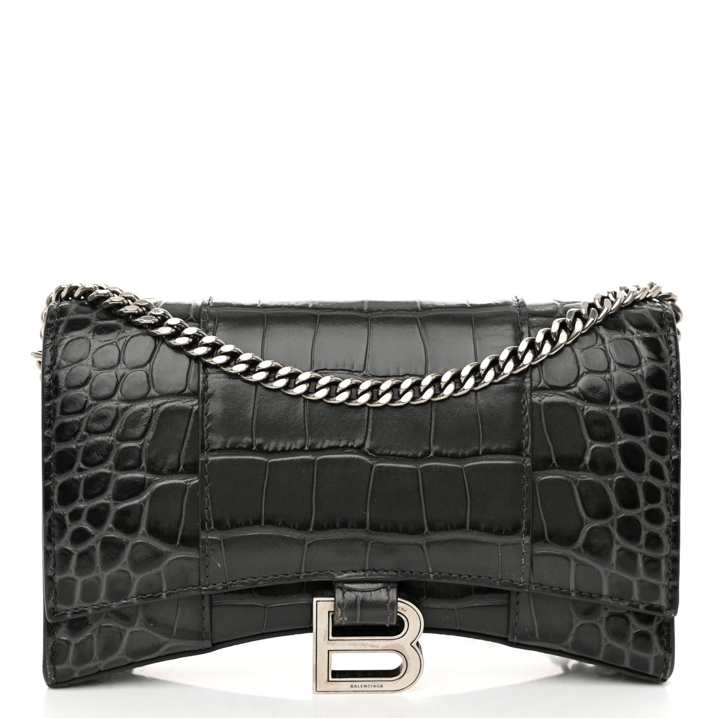 Shiny Calfskin Crocodile Embossed Hourglass Chain Bag Gris