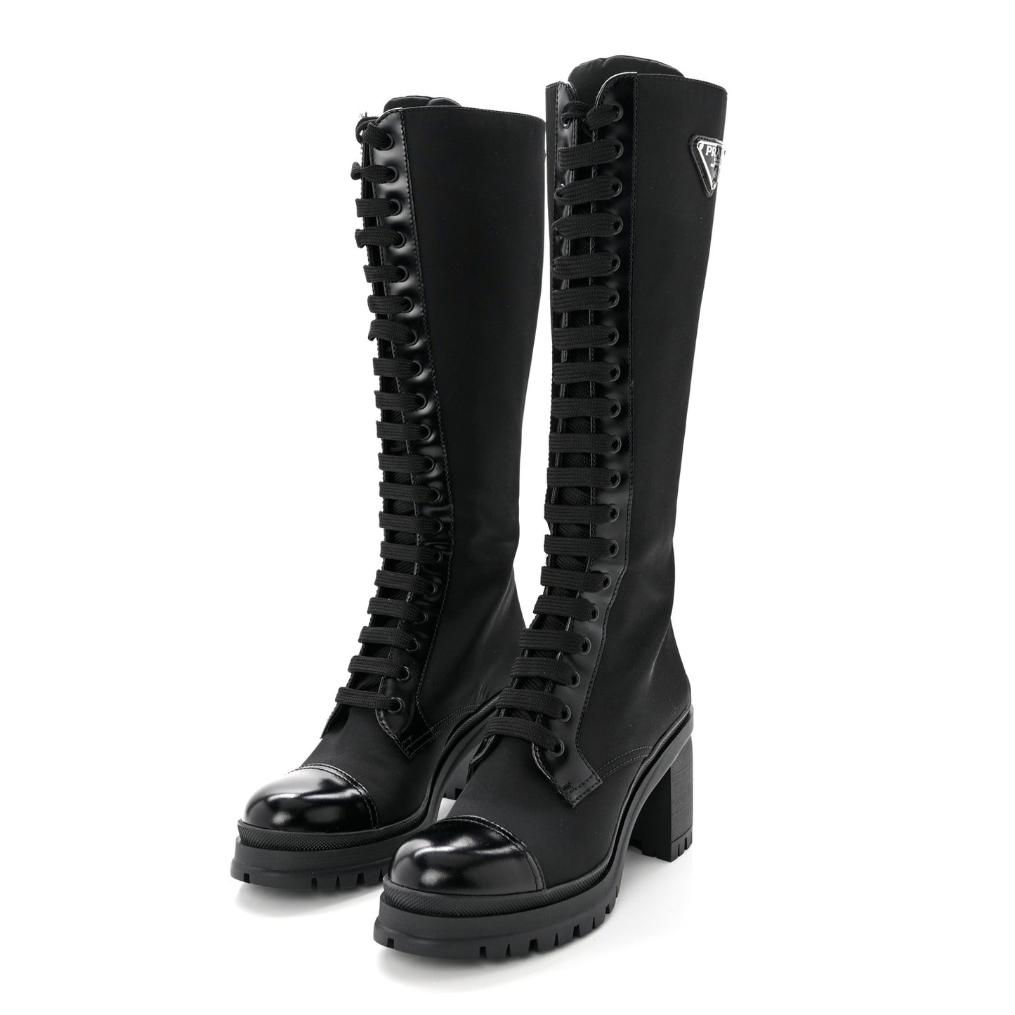 Re-Nylon Spazzolato Metal Triangle Logo Tall 55mm Combat Boots 36.5 Black