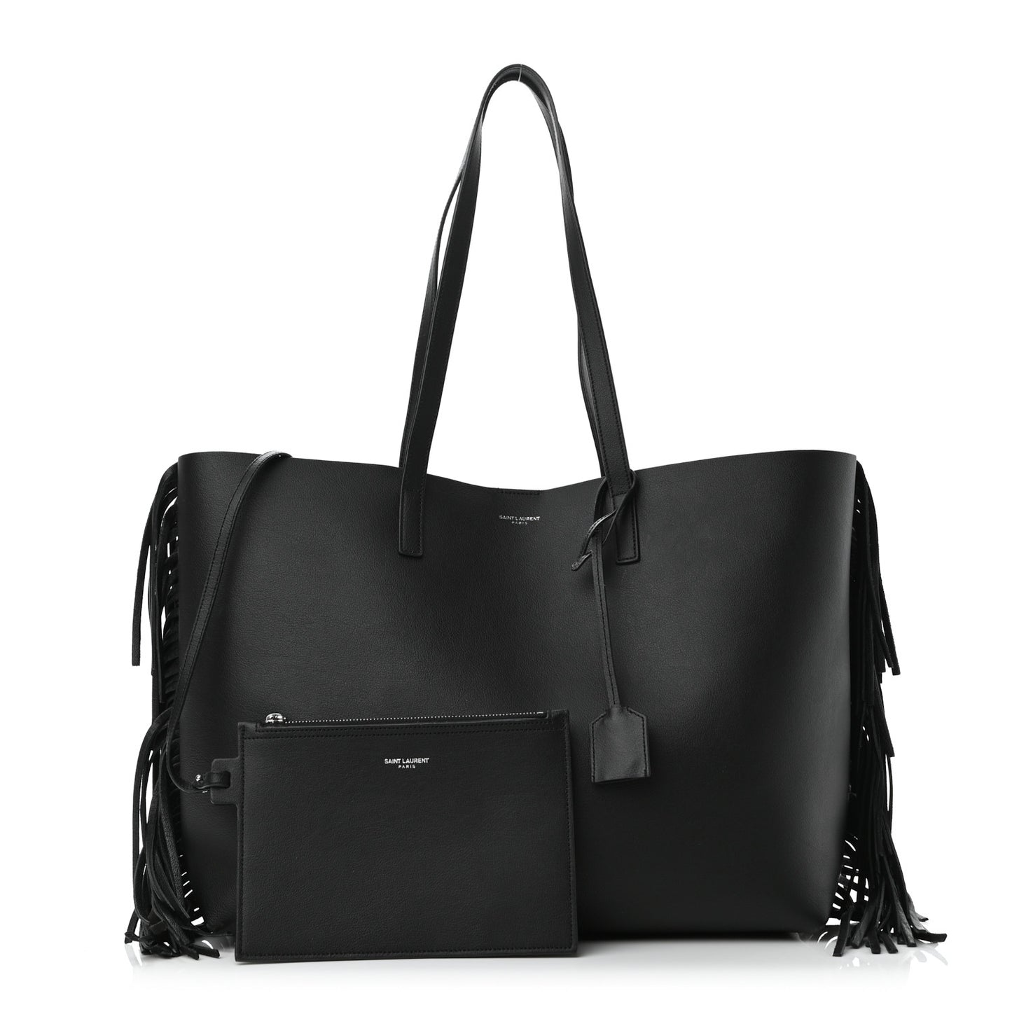 Calfskin Large Fringe Shopping Tote Black