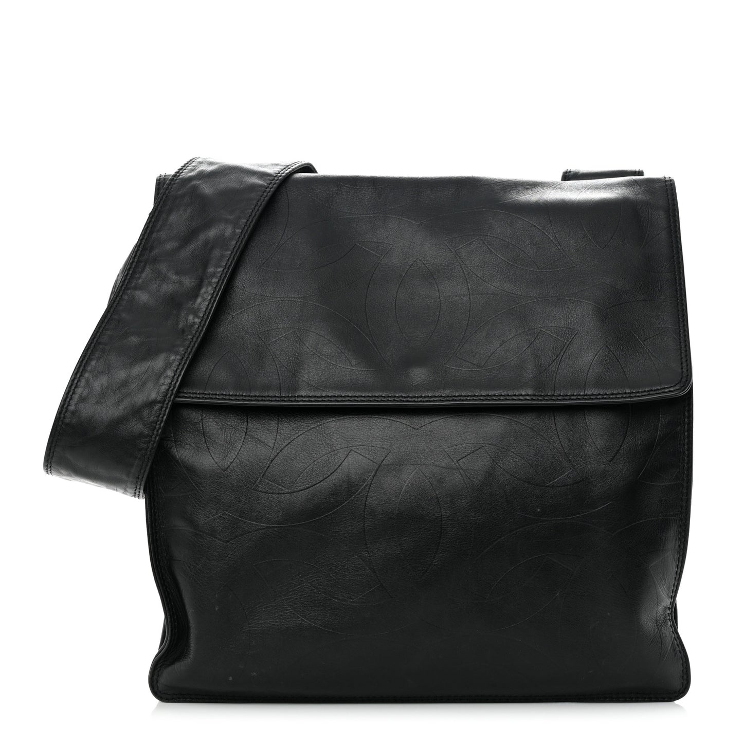 Calfskin Embossed CC Messenger Bag Black