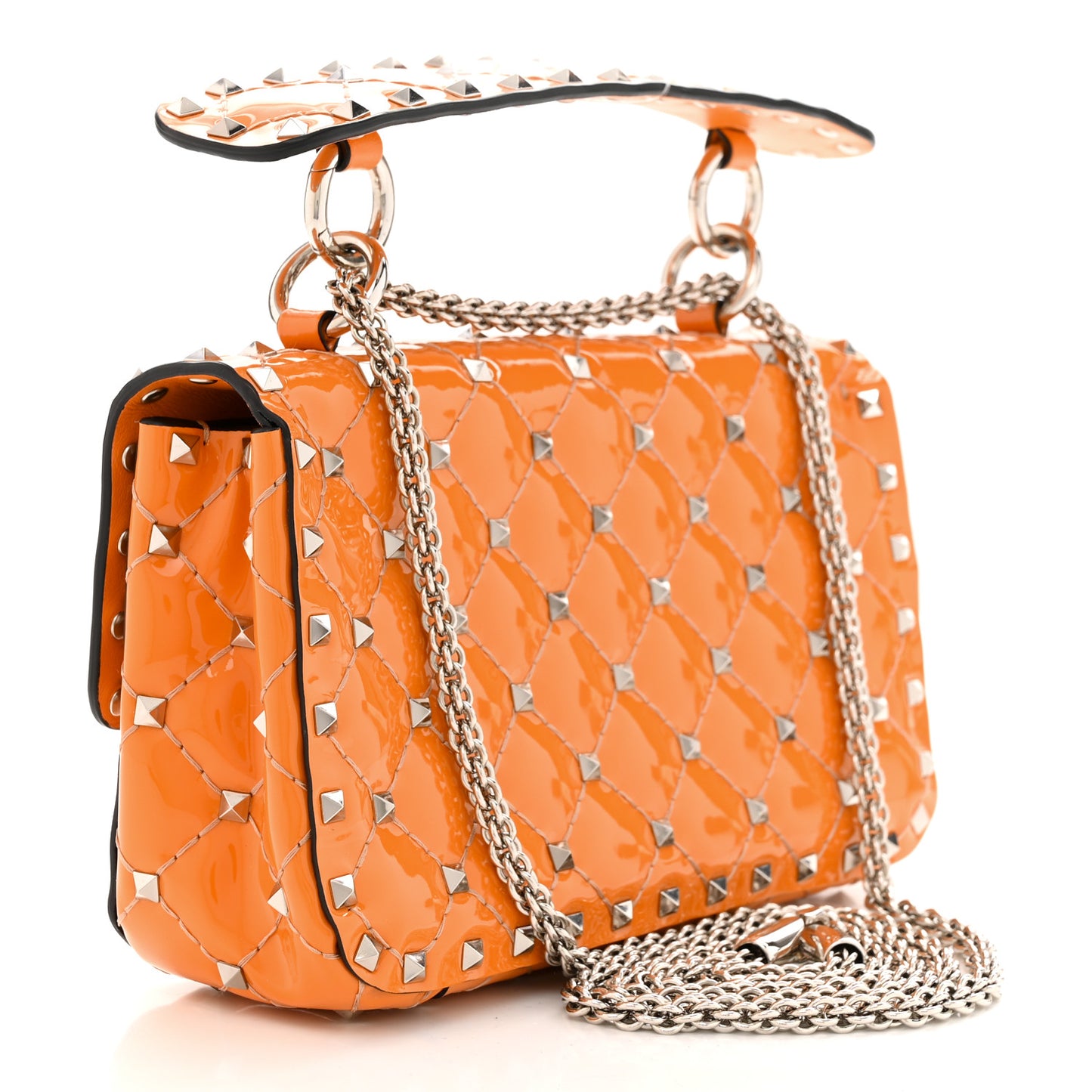 Patent Small Rockstud Spike Shoulder Bag Orange