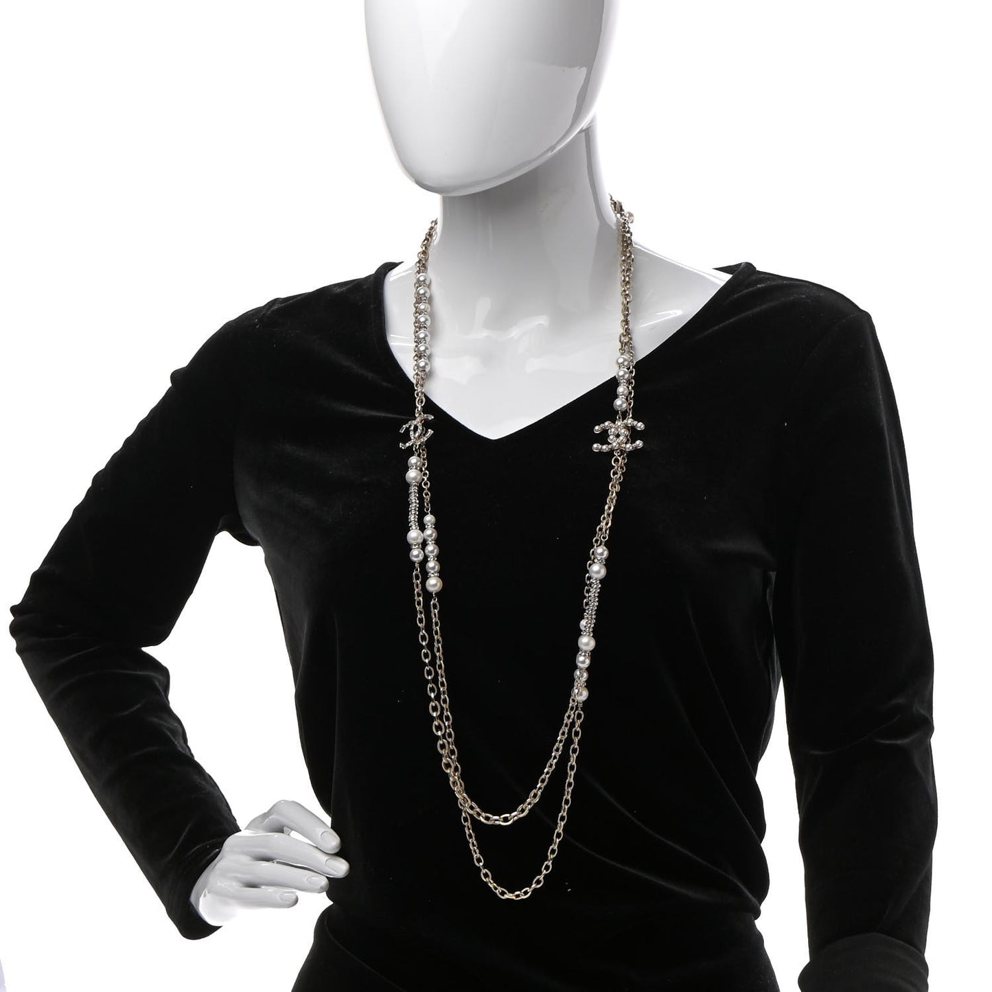 Pearl Crystal Nefertiti CC Long Necklace Gold