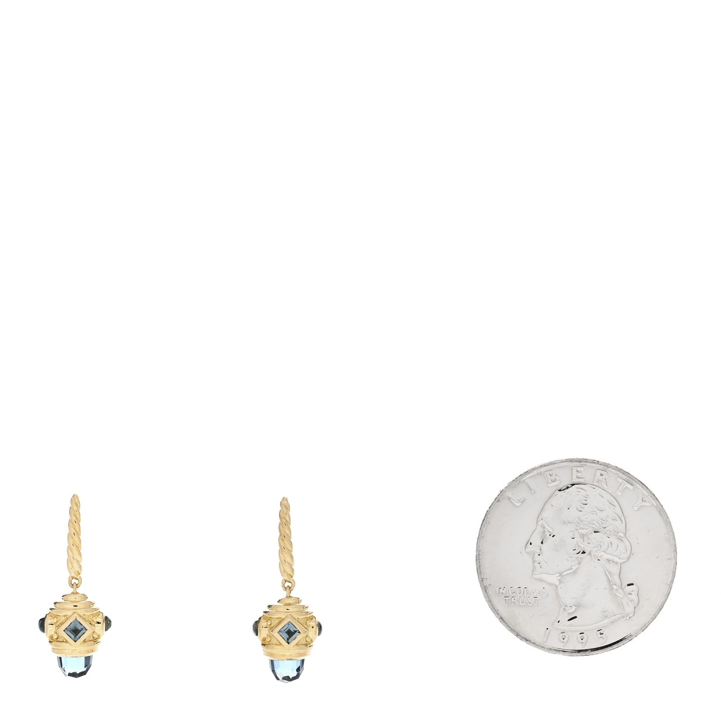 18K Yellow Gold Blue Topaz Renaissance Drop Earrings