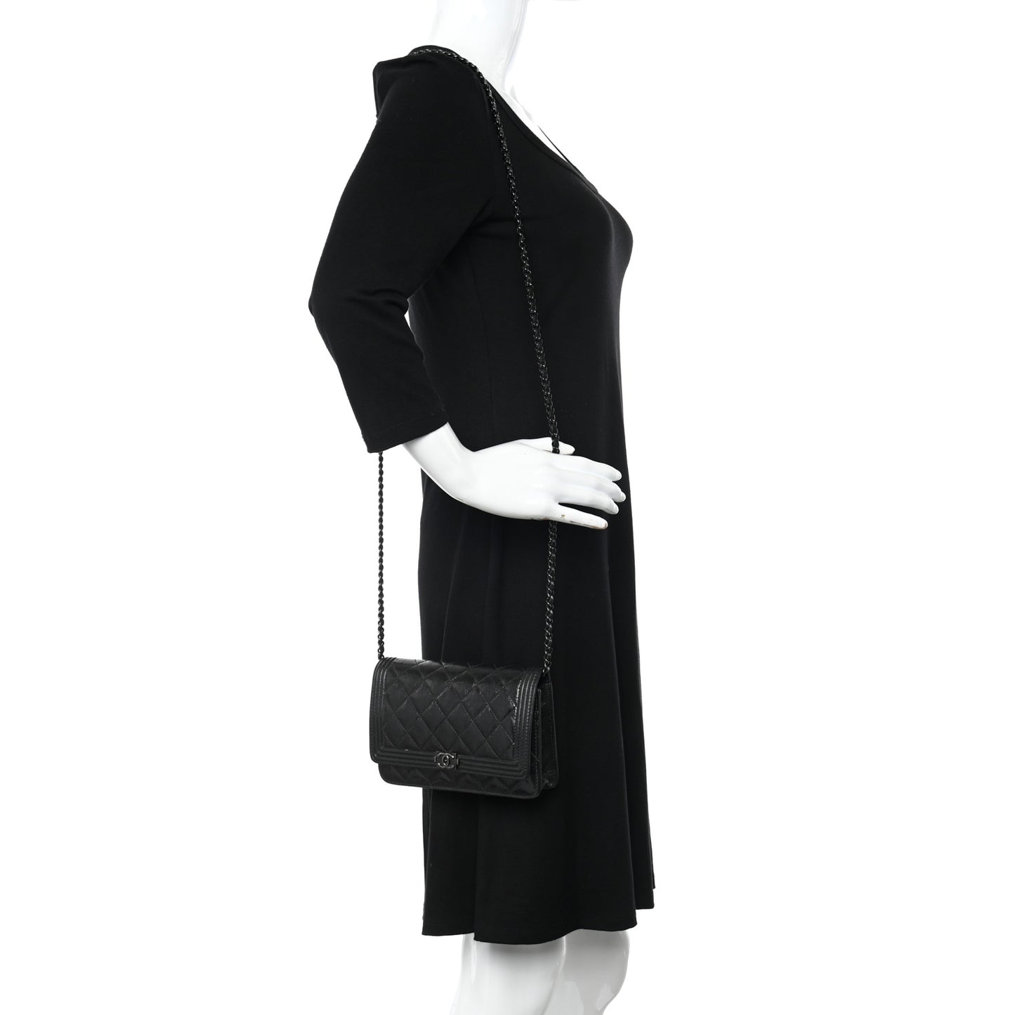 Shiny Aged Calfskin Quilted Boy Wallet On Chain WOC So Black