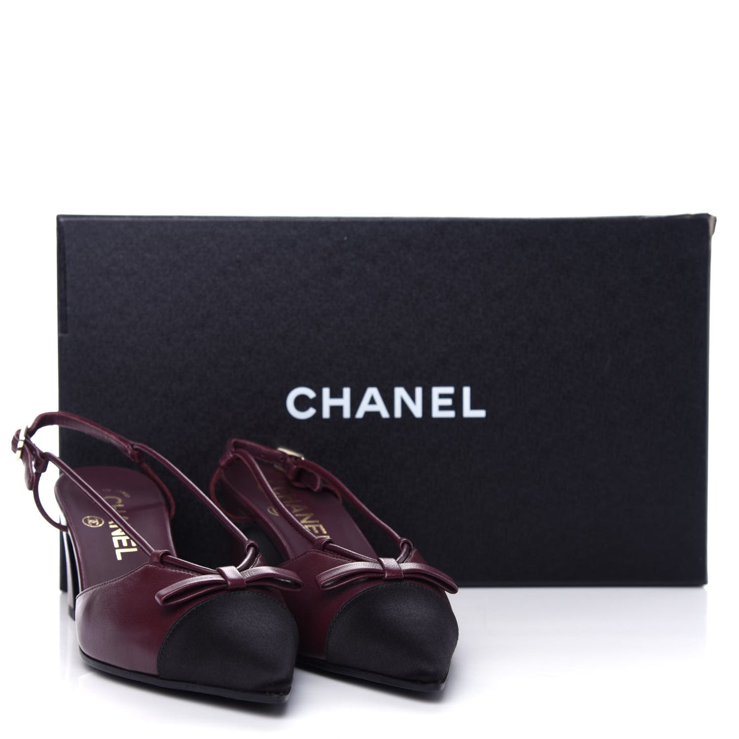 Lambskin Satin Slingback Cap Toe Bow Pumps 36.5 Burgundy Black