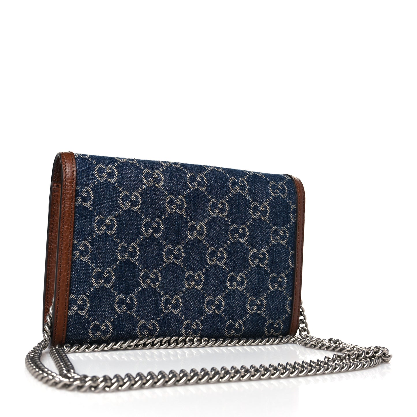 New Denim GG Monogram Dollar Calfskin Enamel Mini Dionysus Chain Wallet Blue Tea Cuir Epilog Electric Blue