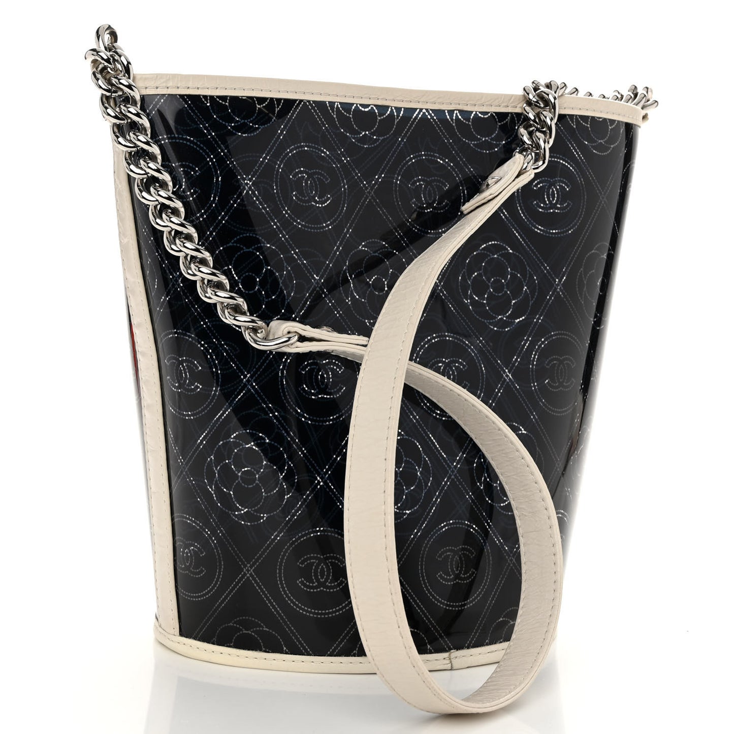Crumpled Calfskin PVC Camellia Coco Bucket Bag Black White