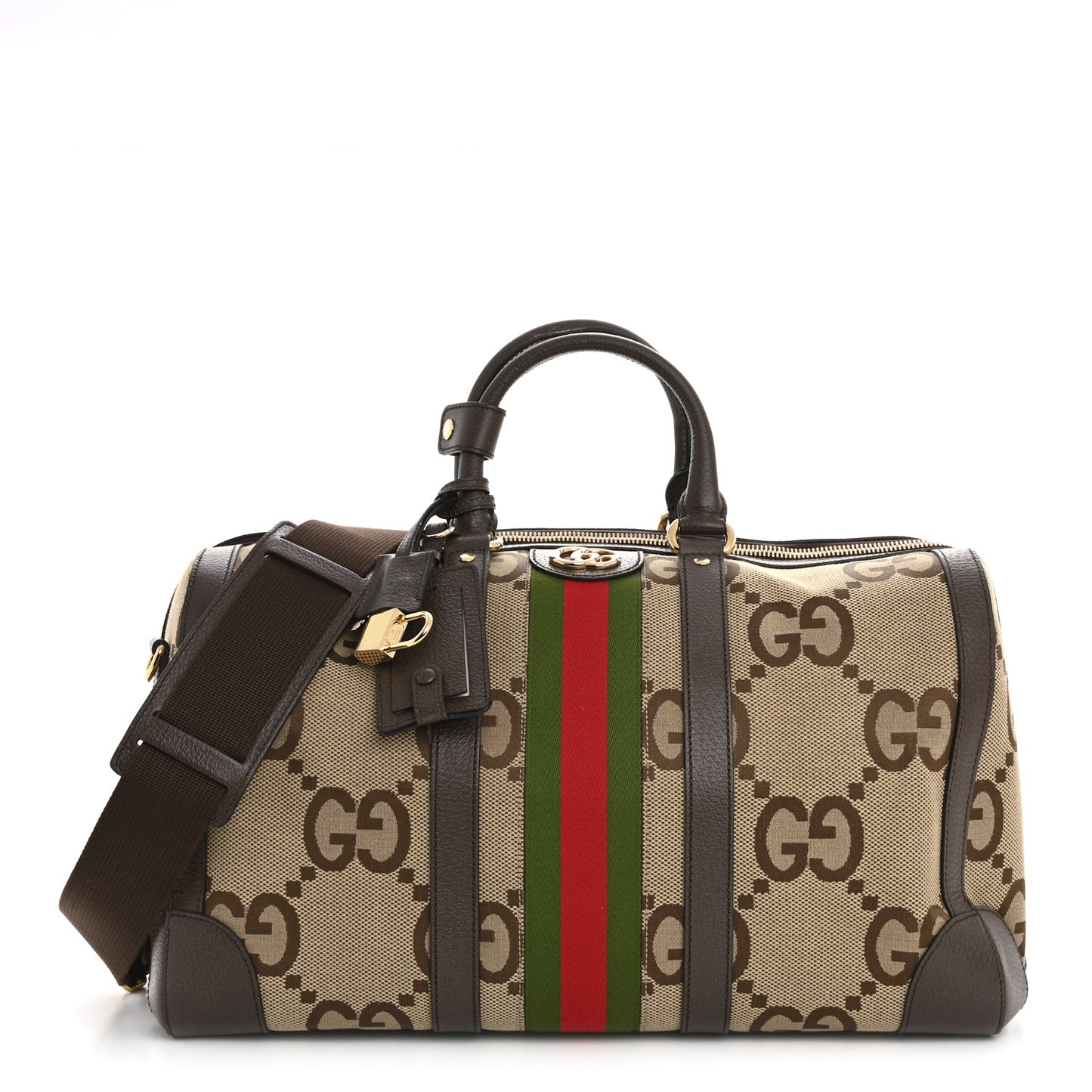 Monogram Jumbo GG Textured Dollar Calfskin Web Medium Duffle Bag Camel Ebony