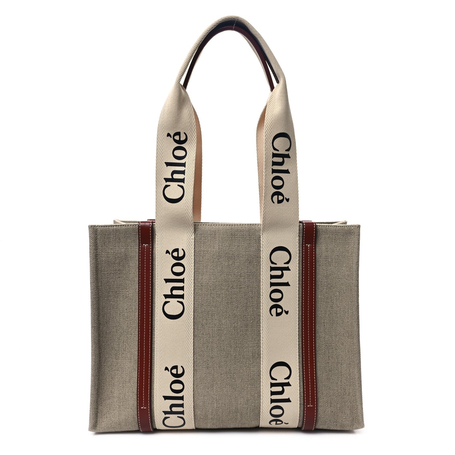 Linen Calfskin Medium Woody Ribbon Tote White Brown