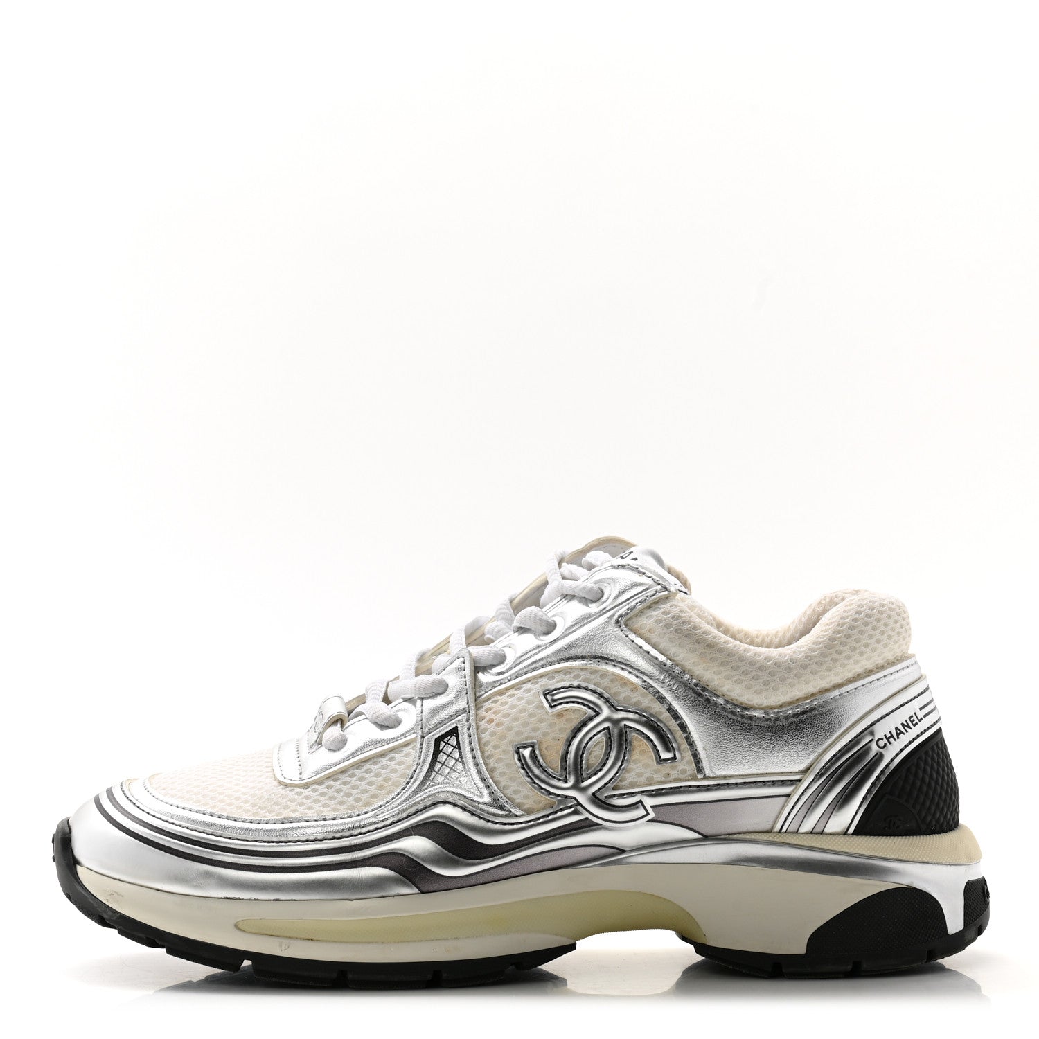 Chanel Fabric Laminated Calfskin Stretch CC Womens Sneakers 39 White Silver 1 of 10