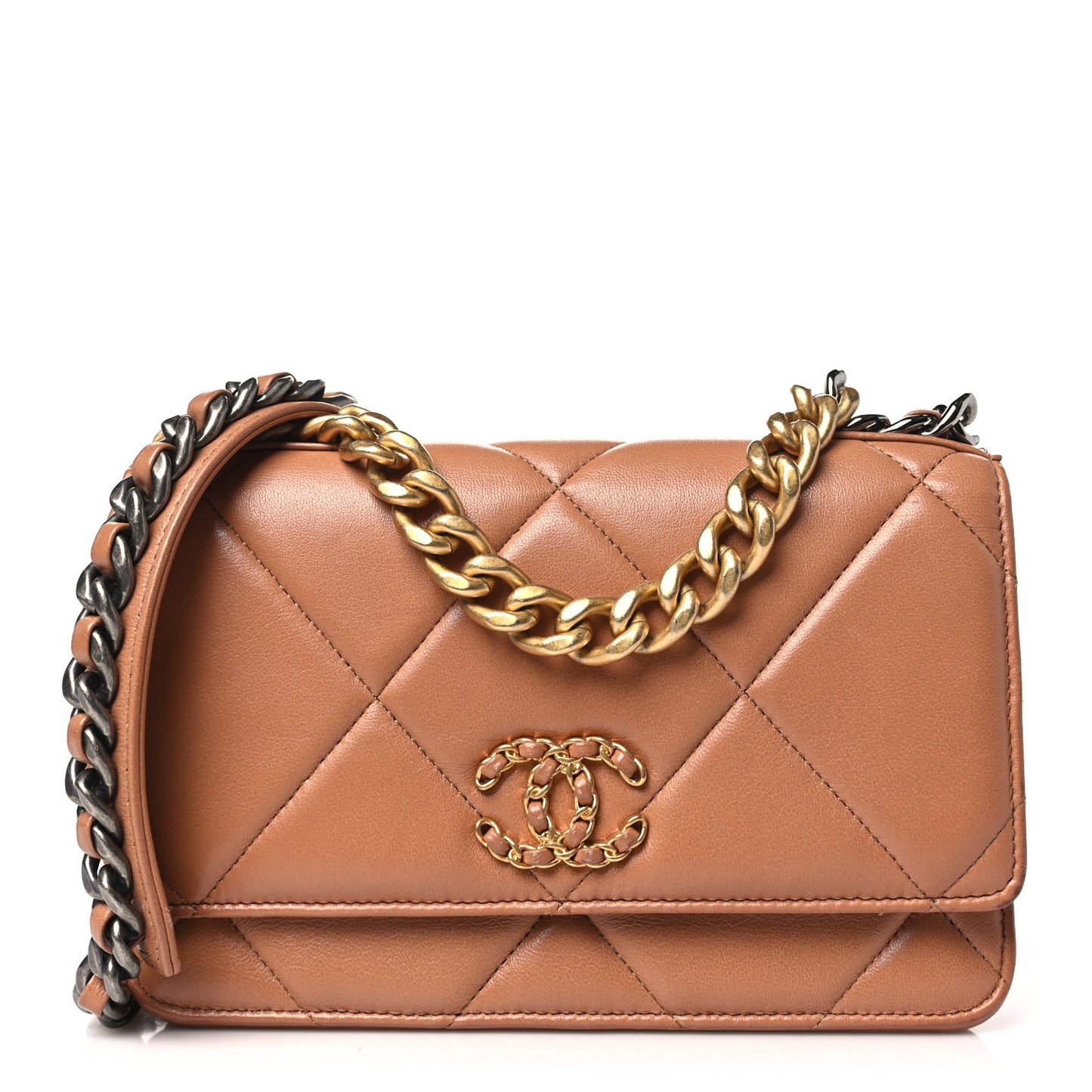 Lambskin Quilted Chanel 19 Wallet On Chain WOC Brown