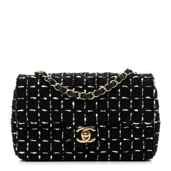 Wool Tweed Quilted Mini Rectangular Flap Black White