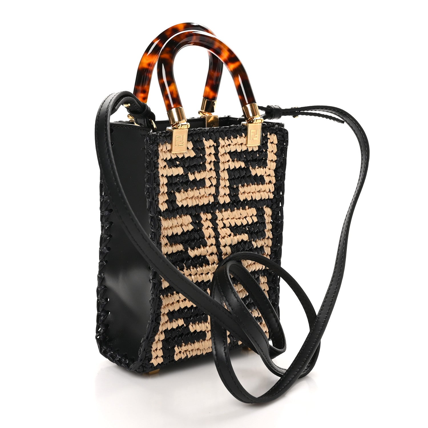 Fendi Raffia Plexiglass Crochet Mini Sunshine Shopper Tote Black 3 of 10
