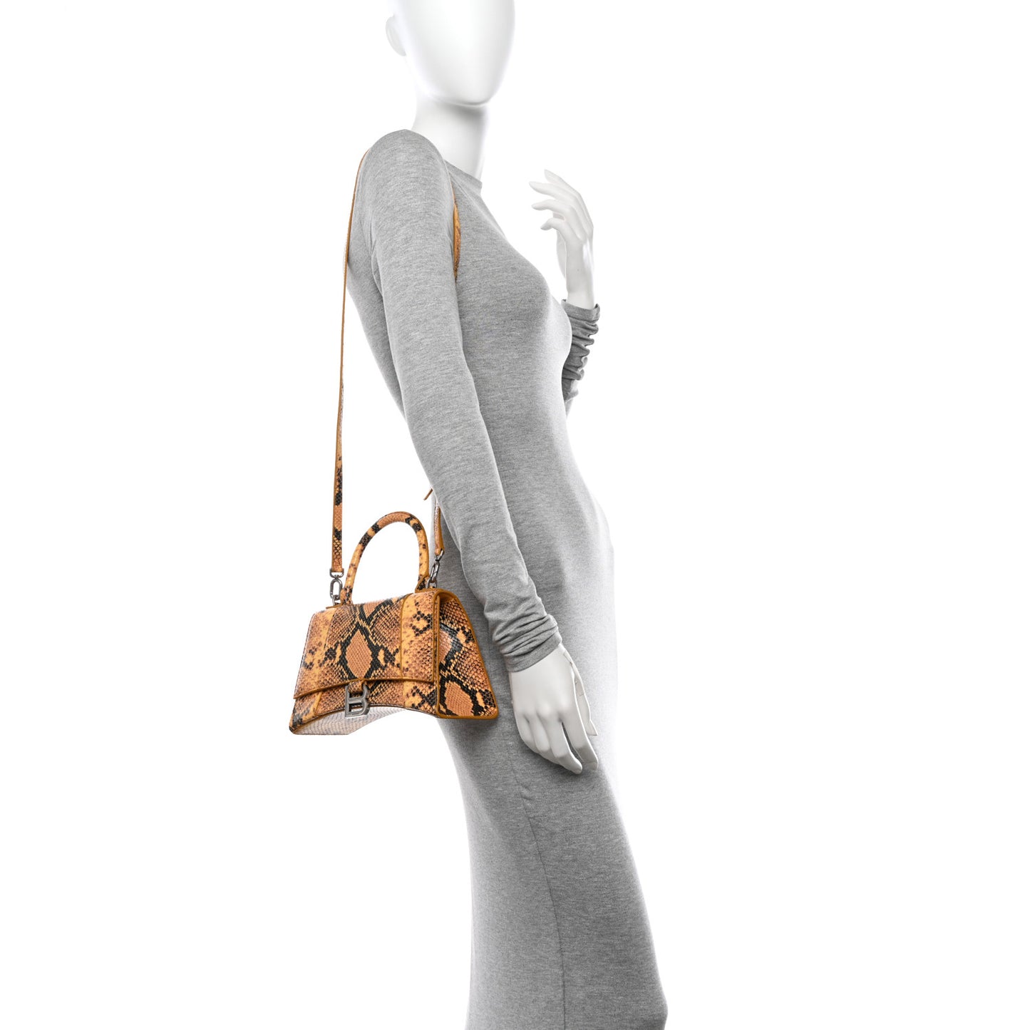 Shiny Calfskin Python Effect Small Hourglass Top Handle Bag Orange Black