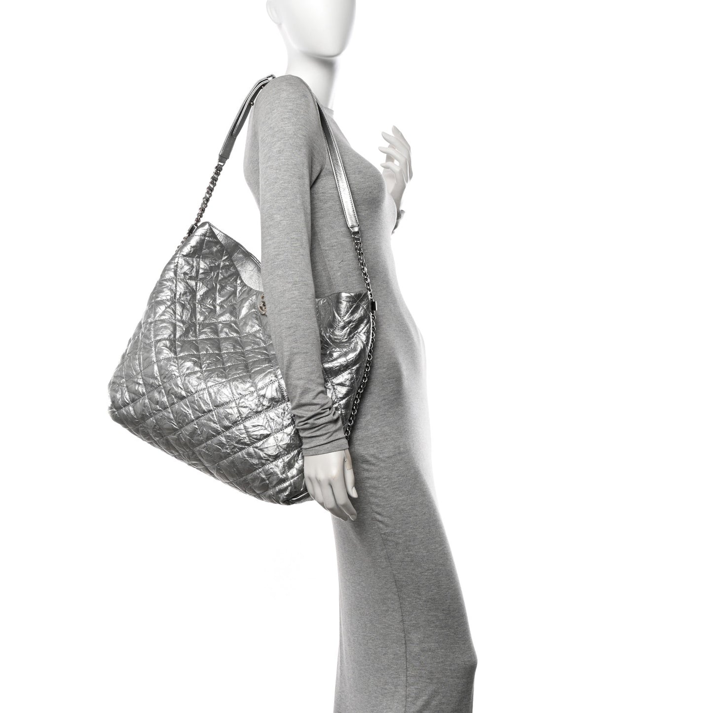 Metallic Crackled Calfskin Quilted Large Big Bang Hobo Silver