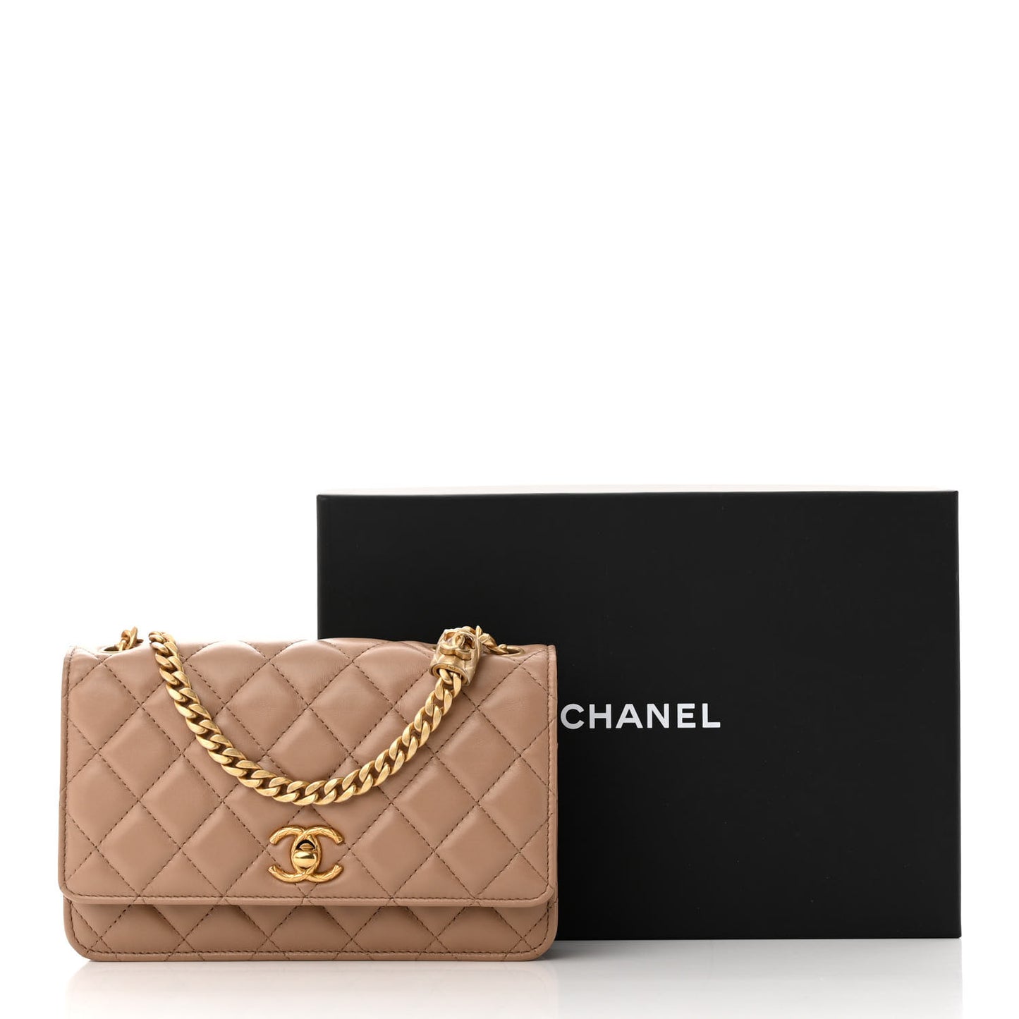 Lambskin Quilted Pillow Crush Wallet On Chain WOC Dark Beige